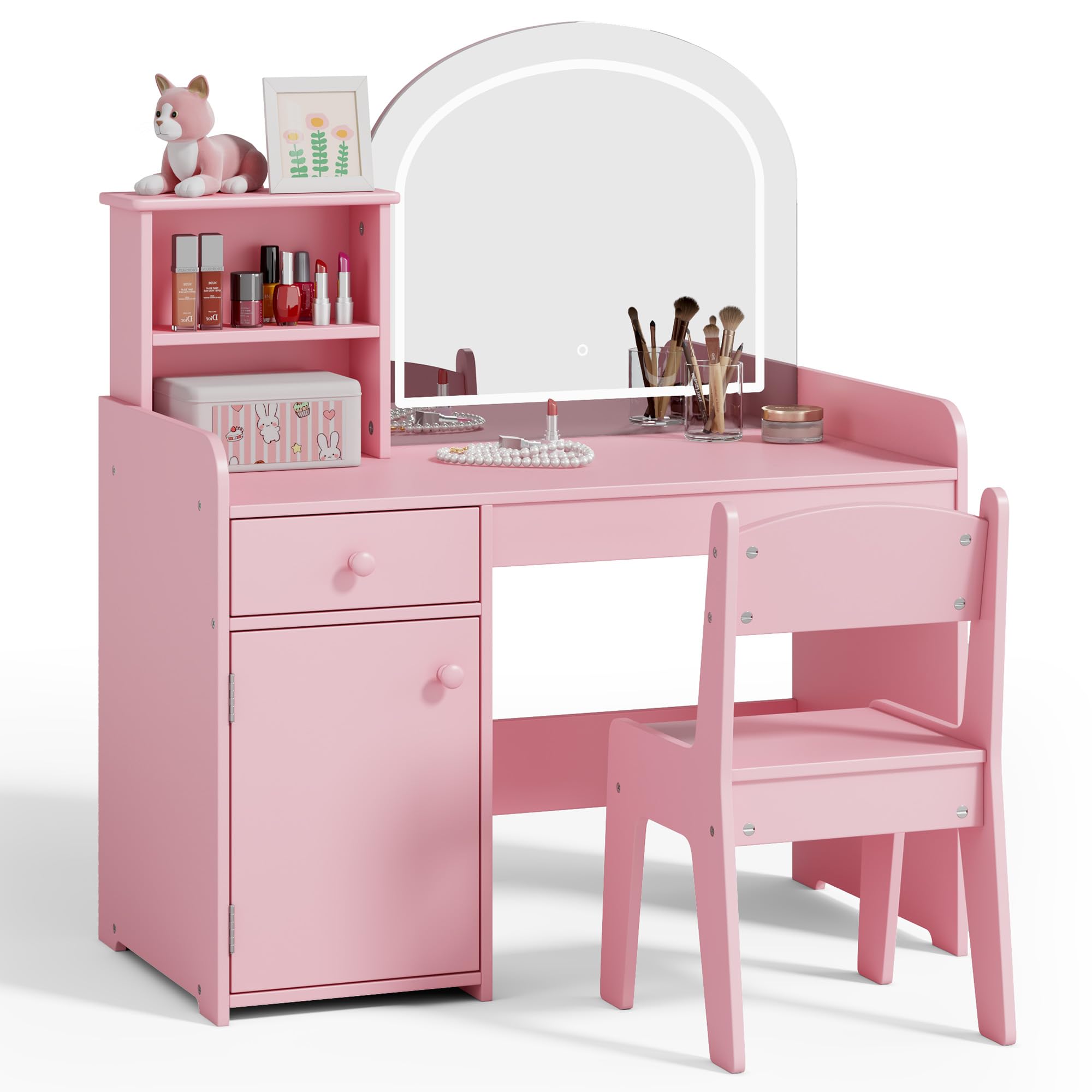 Gizoon Escritorio de tocador para niños con espejo y luces, color rosa