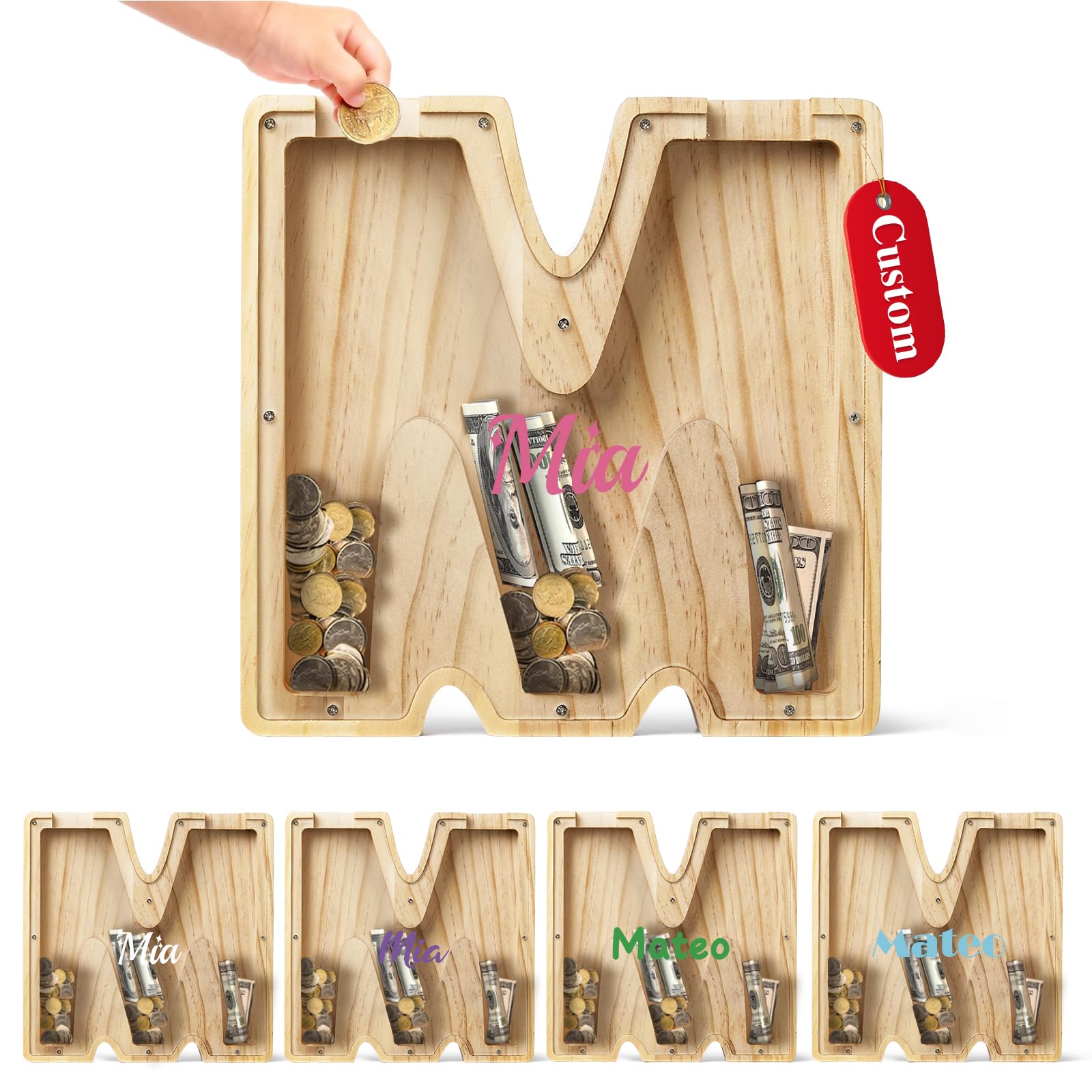 Bemaystar Personalised Letter-Money-Box for Kids，Wooden Initial Letters Piggy-Bank，Money Box for Boys Girls, Personalised Gifts for Kids(M)