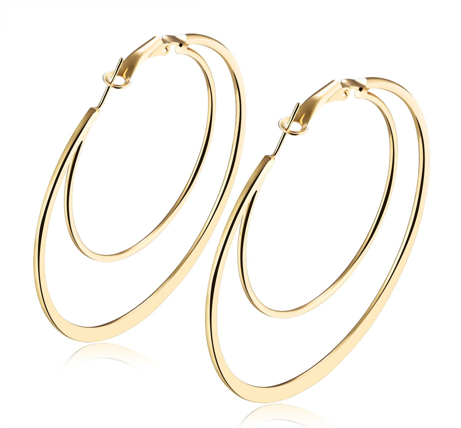 Hoop Earrings 14k Gold Plated Big Multi Ring earrings Unique Flattened Jewelry Earring For Mother's Day (60mm-gold)