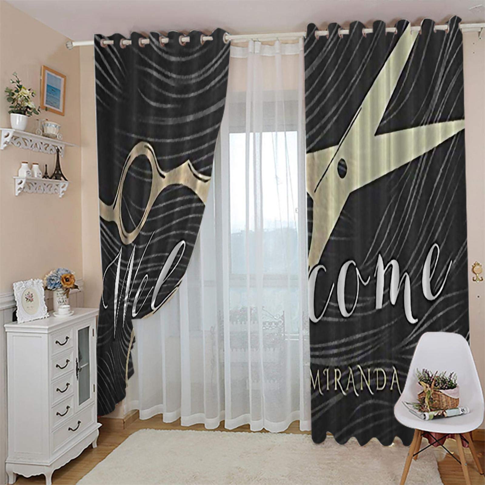 Rideau Occultant À Oeillets 3D Ciseaux De Coiffure Motif Salon Isolant Thermique Rideaux Grande Largeur Rideau Chambre Décoration De Fenêtre pour Enfant Adulte 150X270cm 2 Pièces