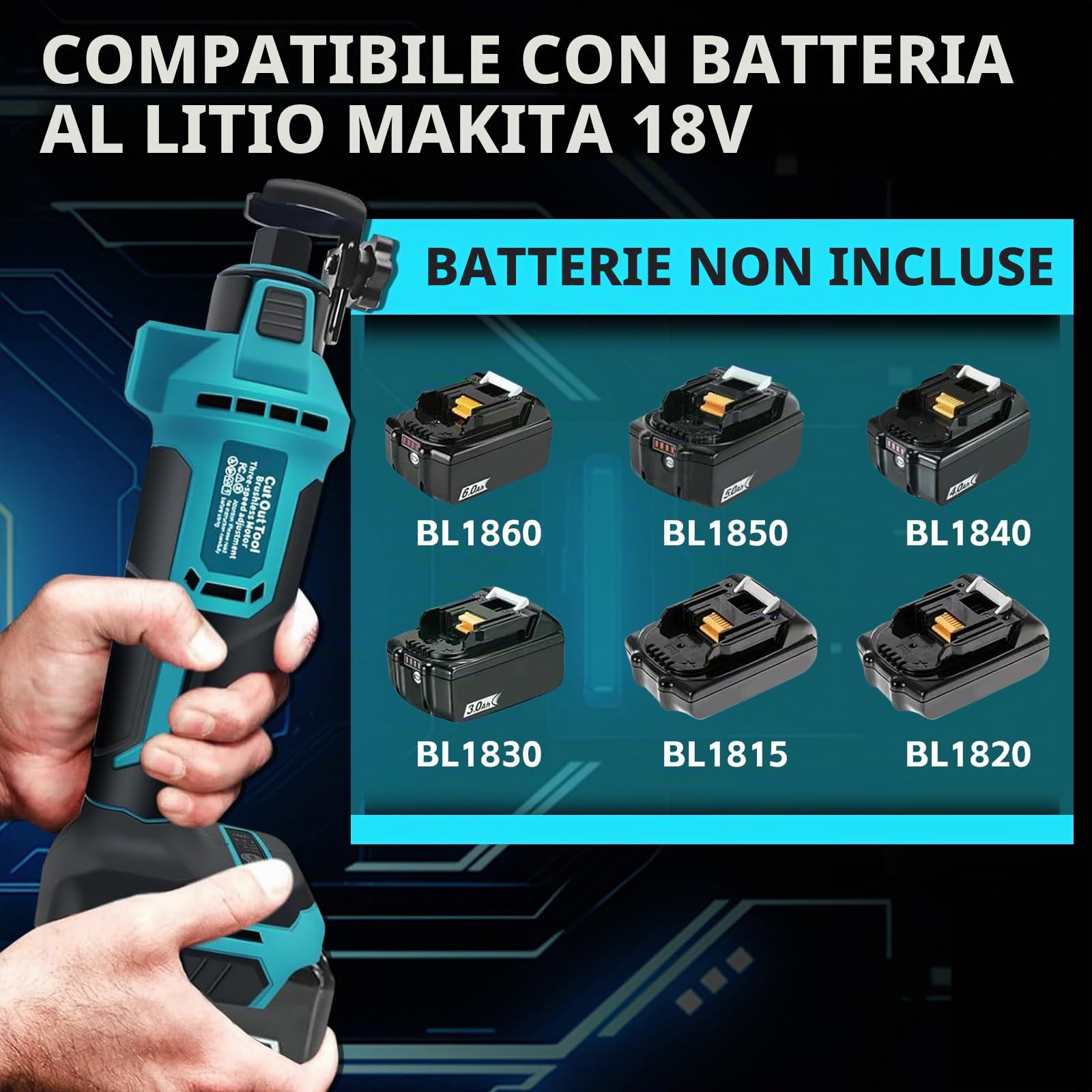 Taglierina per Cartongesso Senza Fili per Makita 18 V Batteria, Taglierina Rotante a Batteria 18 V, Sega da Taglio per Cartongesso, 3 Velocità 20000/25000/30000 rpm, Luce LED, Profondità Regolabile