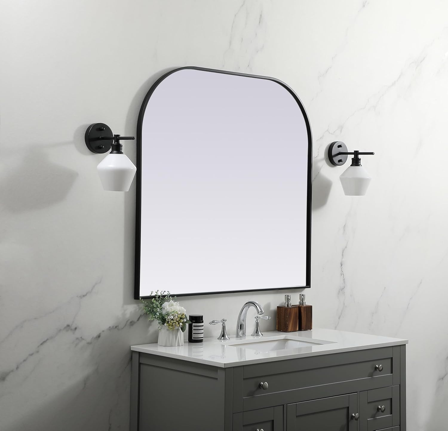 Illuminate, Metal Frame Arch Mirror 40X38 Inch in, Modern, Black