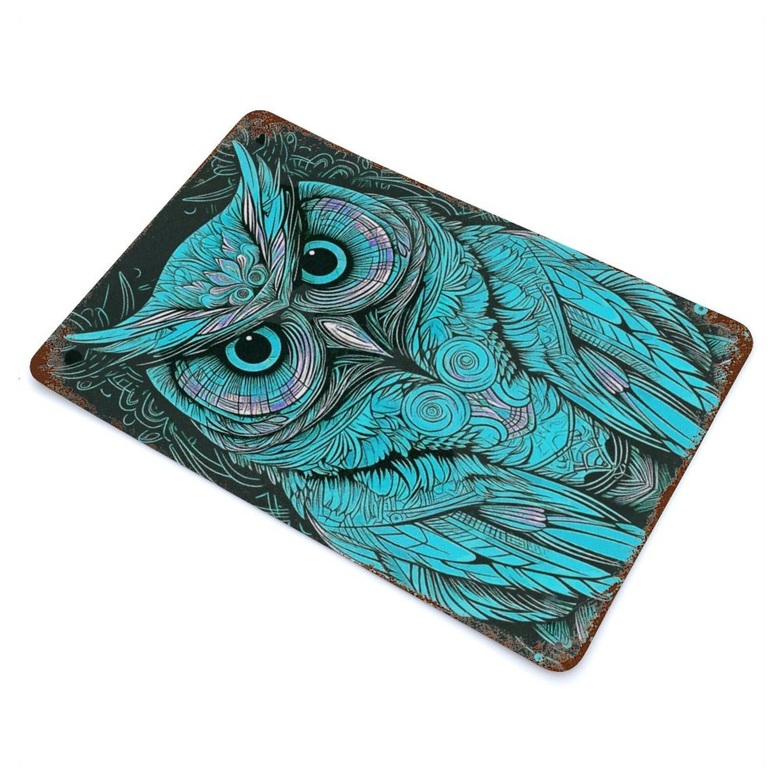 Rustic Tin Plaque Blue Owl 11.8"x7.9", Vintage Wall Decor for Pub, Kitchen And Man Cave Decor