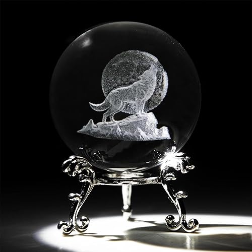 Miniatura 7 de vskikris Bola de cristal 3D con figuras de cabeza de lobo bolas de vidrio con soporte 3D Esfera de cristal pisapapeles regalos