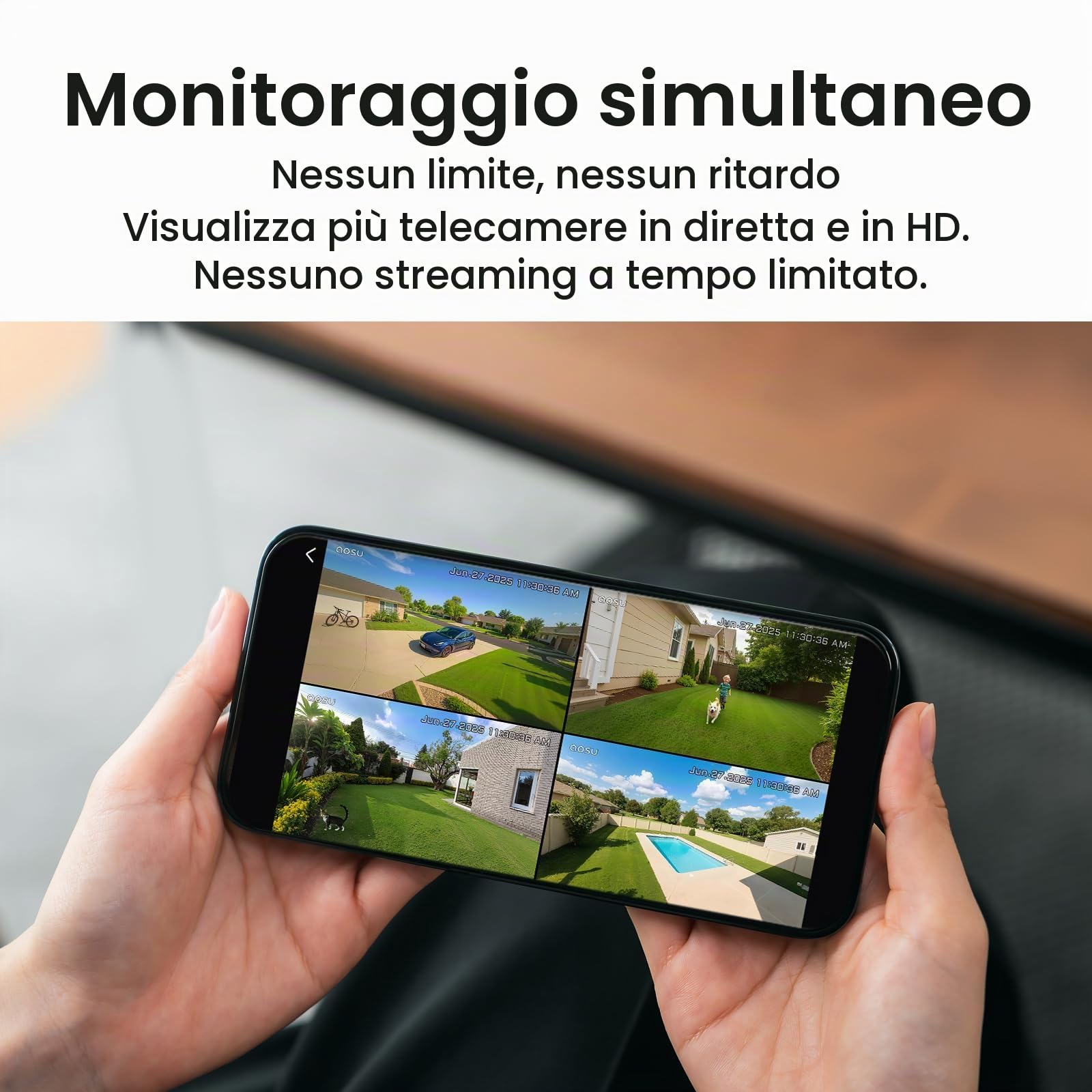 aosu T2 Ultra 4K Telecamera Esterno Senza Fili Solare 360° PTZ Truecolour | Kit 6 Telecamere y aosuBase 2.0, 32 GB Espandibile Fino a 1 TB, 2,4/5GHz, Auto-Tracking, Riconoscimento Persona/Veicolo/Pet