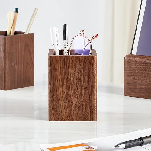 Miniatura 5 de LEILISI Portalápices, soporte de madera de nogal para escritorio, almacenamiento de maquillaje, escuela, hogar, oficina, accesorios de mesa y