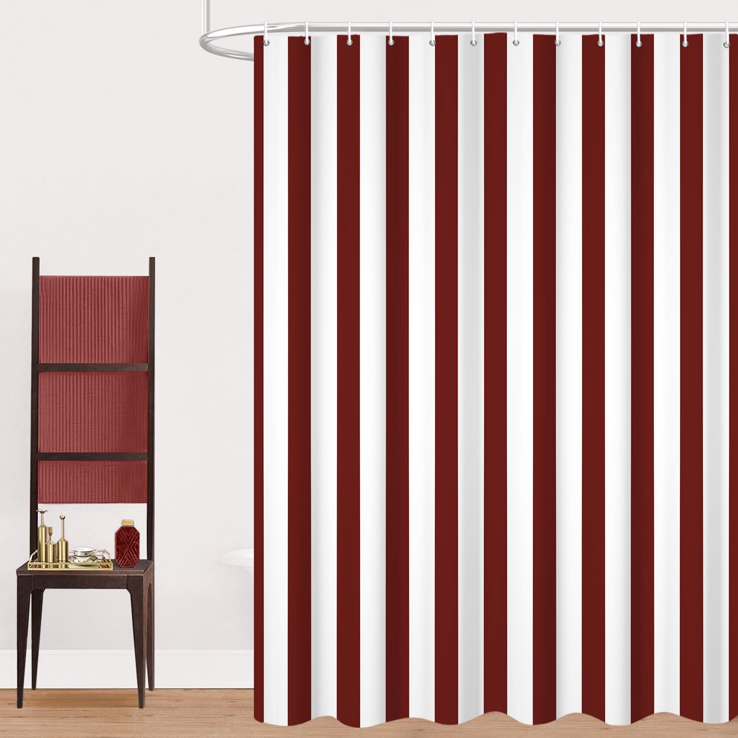 GCIREC Shower Curtain, 120x200cm, Dark Red and White Modern Minimalism Vertical Stripes Waterproof Fabric Machine Washable Bathroom Curtain with Hooks — image 1