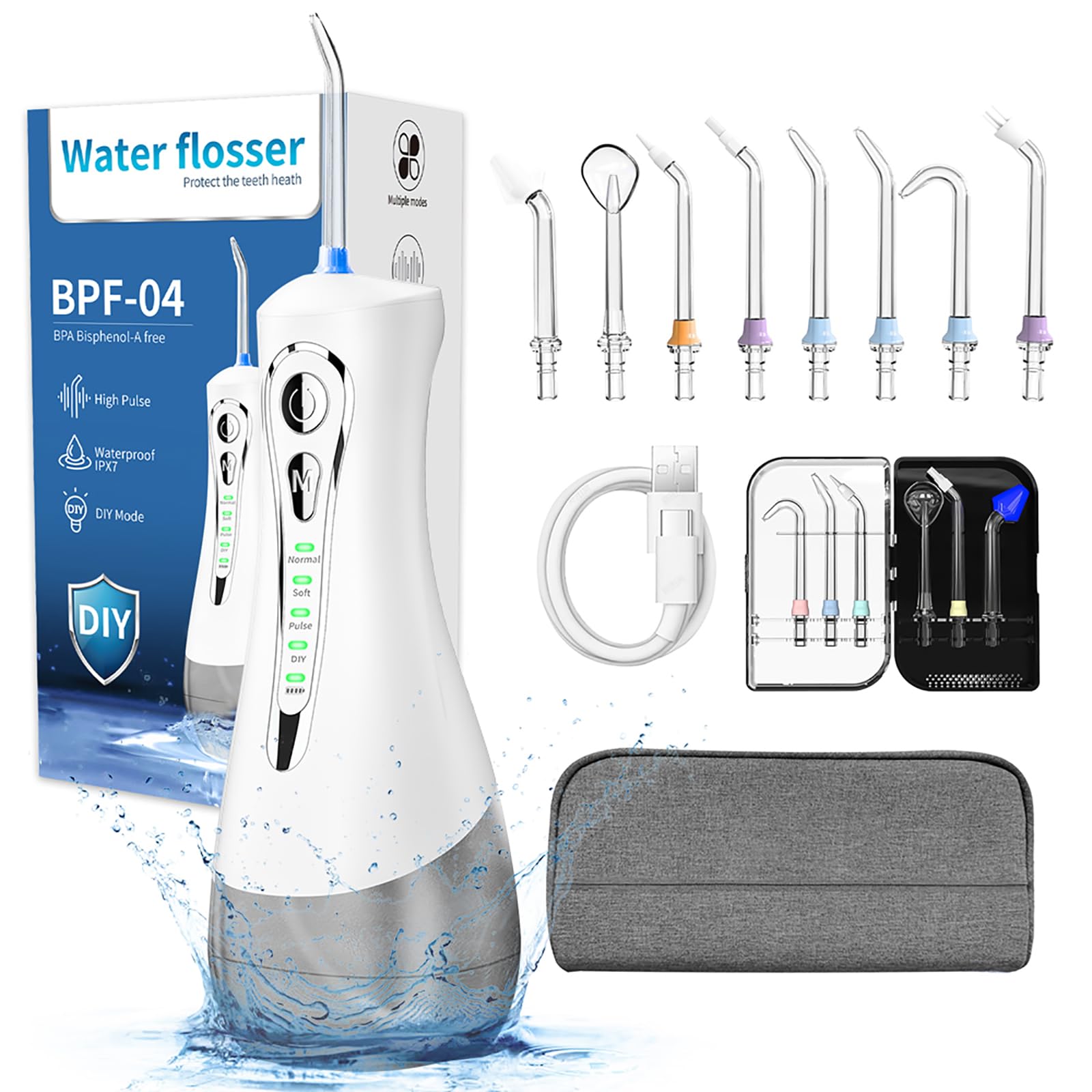 VHV Jet Dentaire, Hydrapulseur et Irrigateur Oral pour La Maison et Les Voyages avec 4 Modes de Pression d'Eau et 8 Embo