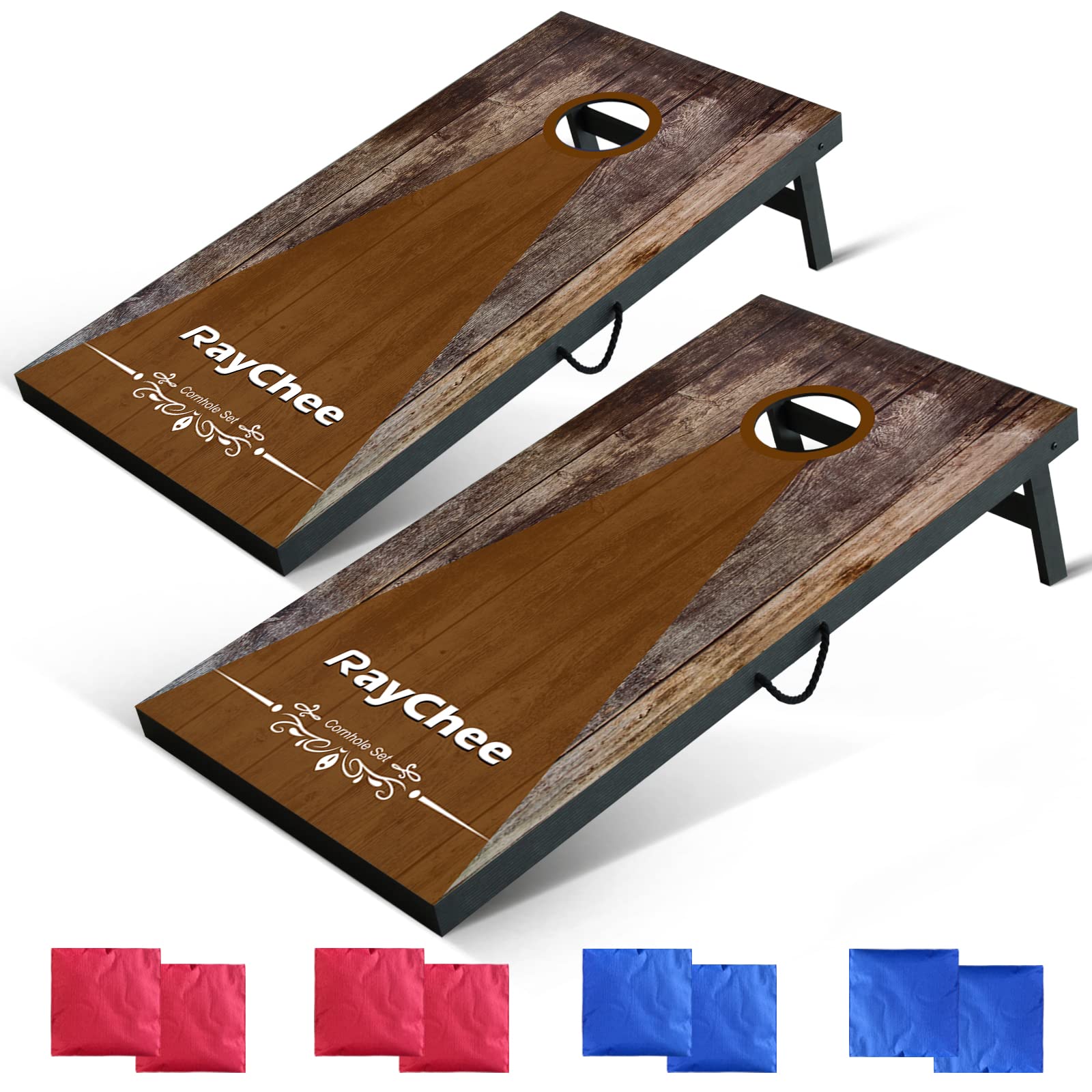 RayChee Cornhole Boards Set Corn Holes Outdoor Game Regulation Size Corn Hole Bean Bag Toss for Adults Family Lawn Beach, Include Twine Handle & 8 Bean Bags