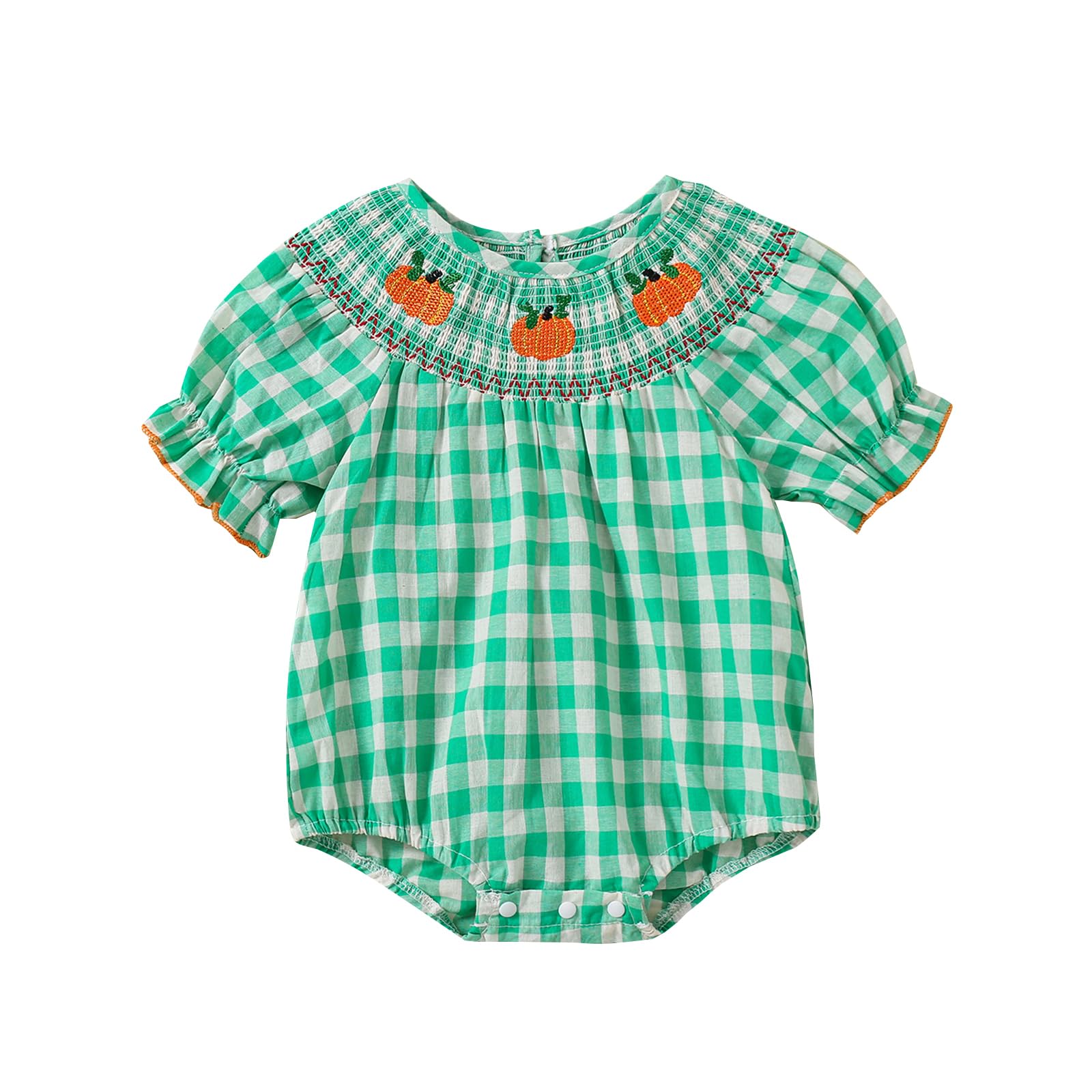Ayalinggo Newborn Baby Girl Smocked Pumpkin Outfit Infant Plaid Bubble Romper Embroidery Halloween Thanksgiving Fall Clothes (Green, 0-3 Months)