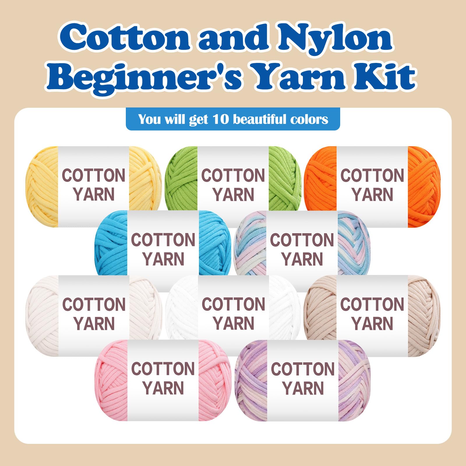 10 × 50 g Anfängergarn-Set zum Häkeln und Stricken, Baumwoll-Nylon-Mischgarn für Handarbeiten, Taschen, Korbpuppen und Kissen A