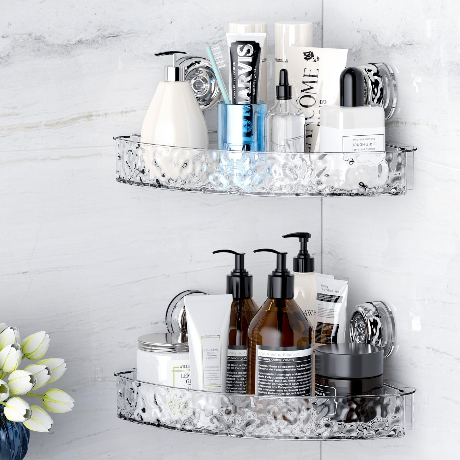 Large Corner Shower Caddy Suction Cup, No-Drilling New Home Decor Essentials, Shower Organizer Shelf, Rustproof Heavy-Duty Accessories Storage Rack, for Apartment Tile Wall Bathroom(2 Pack)