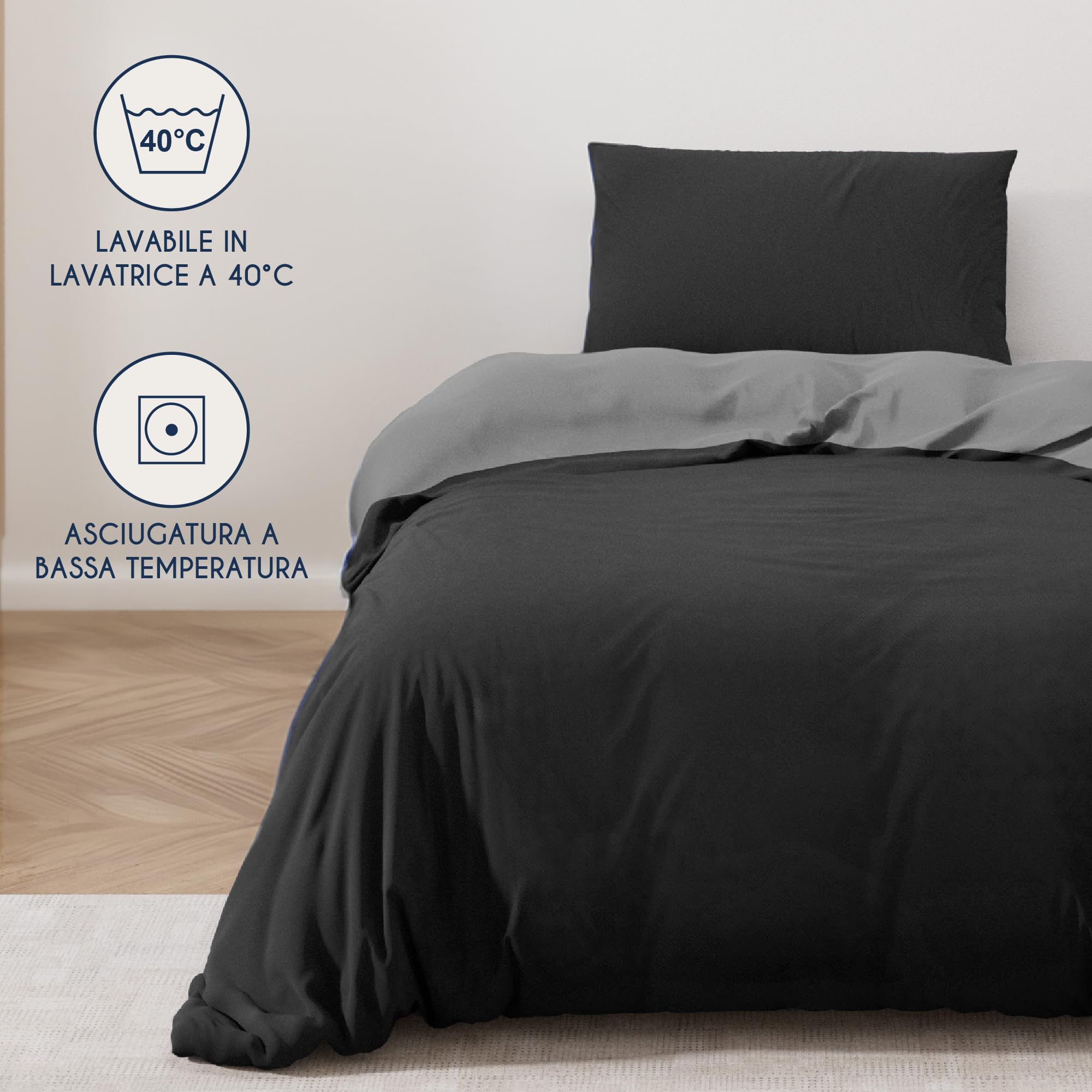 Dreamzie Copripiumino Singolo 135x200 cm con 1 Federe 50x70 cm - Nero/Grigio Scuro Set Copripiumino Singolo 135 x 200