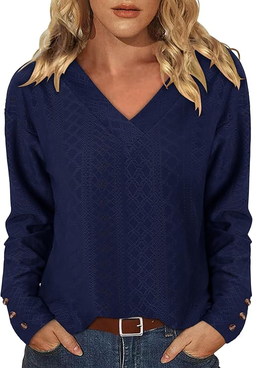 KISSMODA Long Sleeve Fall Shirts For Women V Neck Tunic Tops Embroidered Button Down Knitted Blouses 2025