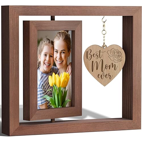 Mom Gifts Mothers Day Gifts for Mom From Daughter Son, Mother Picture Frame Double-Sided Display 4x6 Photo with Warm Heart Pendant for Mom Mother-In-Law, Mom Birthday Gifts Wood Tabletop Picture Frame