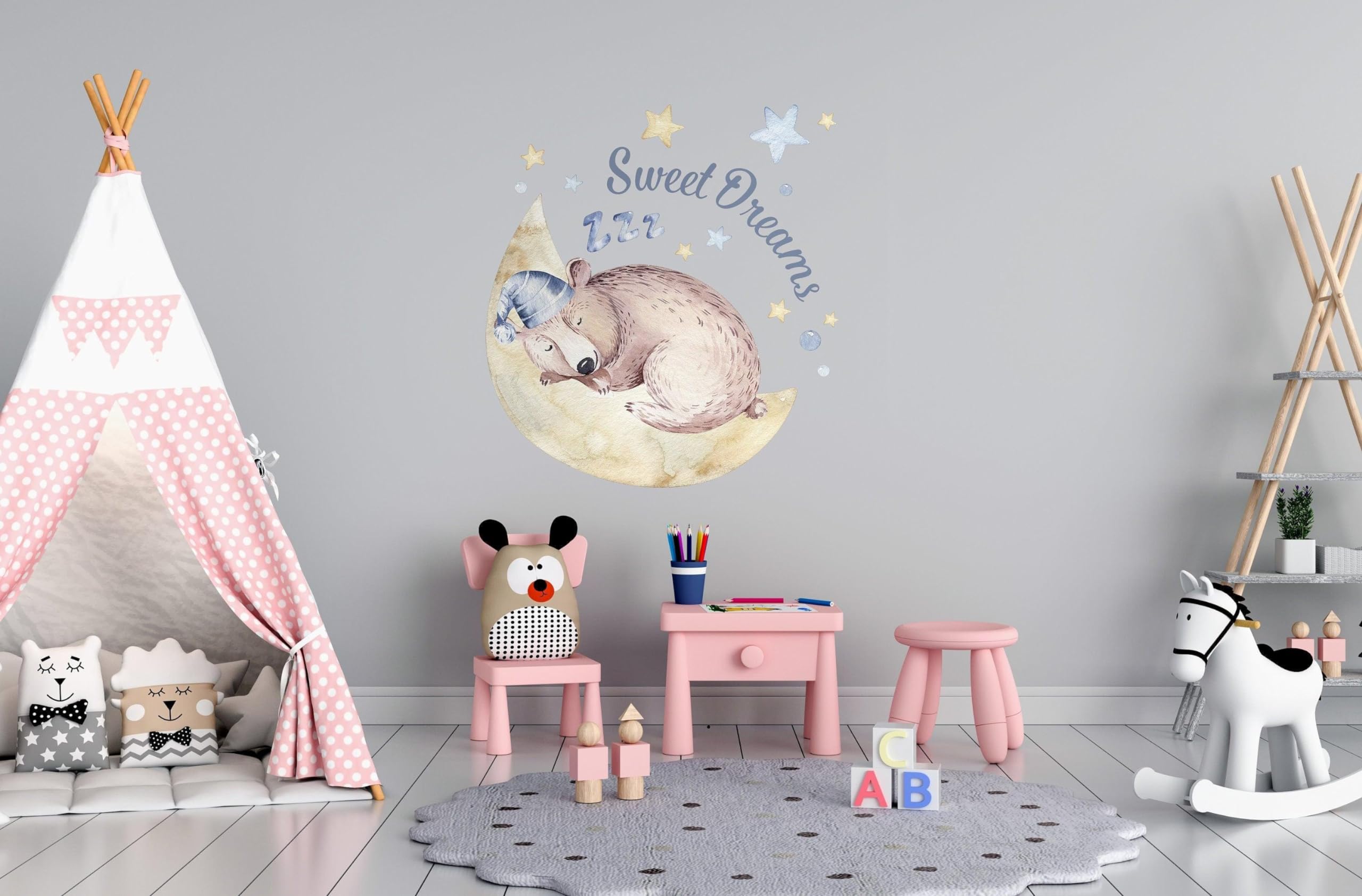 Adorable calcomanía de pared con diseño de cielo de animales infantiles, decoración creativa para habitación de niños, el conejito dormilón