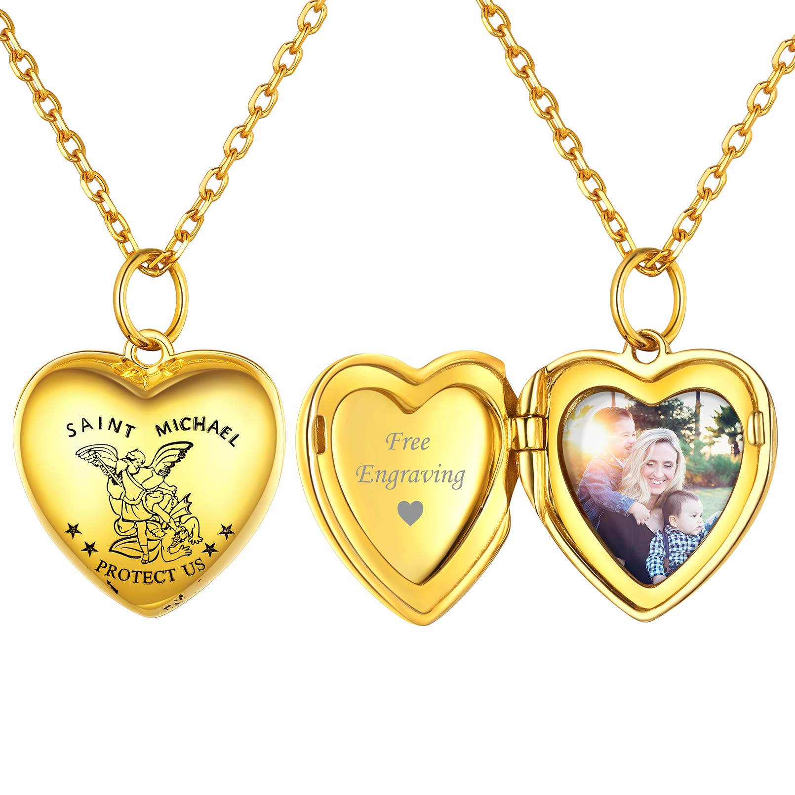 ChicSilver Kette mit Fotoanhänger für Damen, Personalisierter Schmuck Herz Medaillon mit Saint Christophorus, Foto Medaillon mit Saint Michael, Herz Kette mit Gravur Schmuck für Geburtstag Muttertag