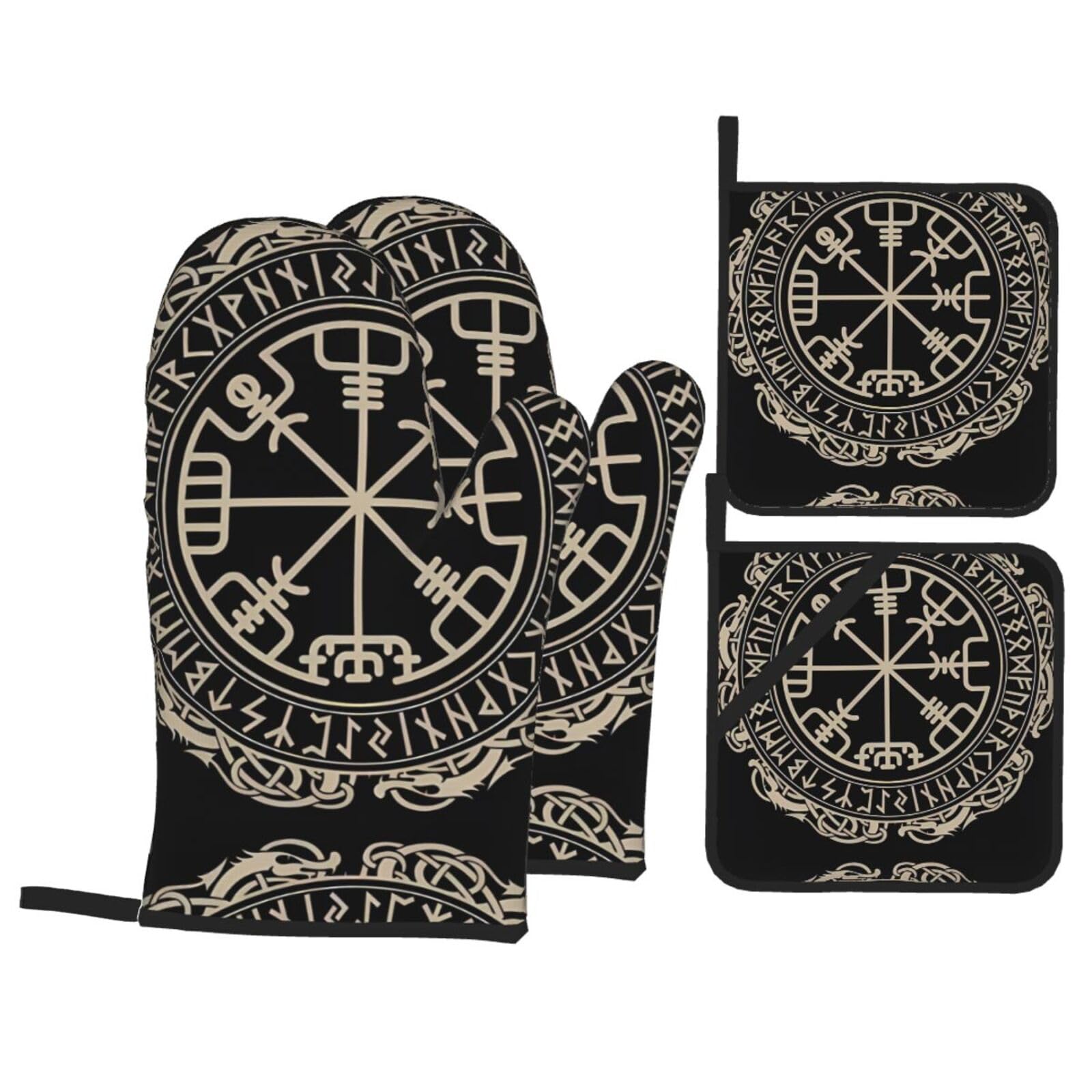 WHJSHOP Magical Design Norse Runes Compass Prints Oven Mitts & Pot Holders Set - Waterproof Kitchen Layers & Heat Resistant - Durable Covers for Safe Cooking & Easy Cleanup