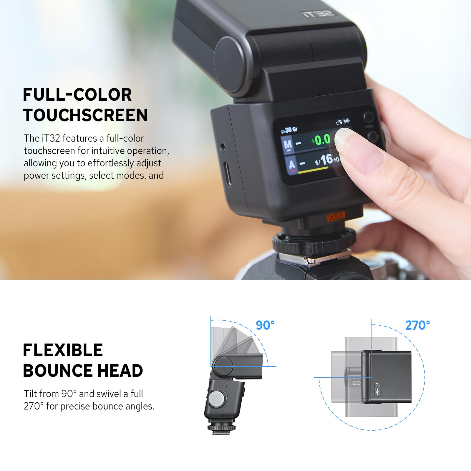 Godox IT32 TTL Kamerablitz mit X5S-Blitzauslöser für Sony-Kameras, magnetischer Blitzschuh und Auslöser, 2-in-1, bunter Touchscreen, drehbarer Blitzkopf, X-System TTL und HSS, LED-Modellierlampe