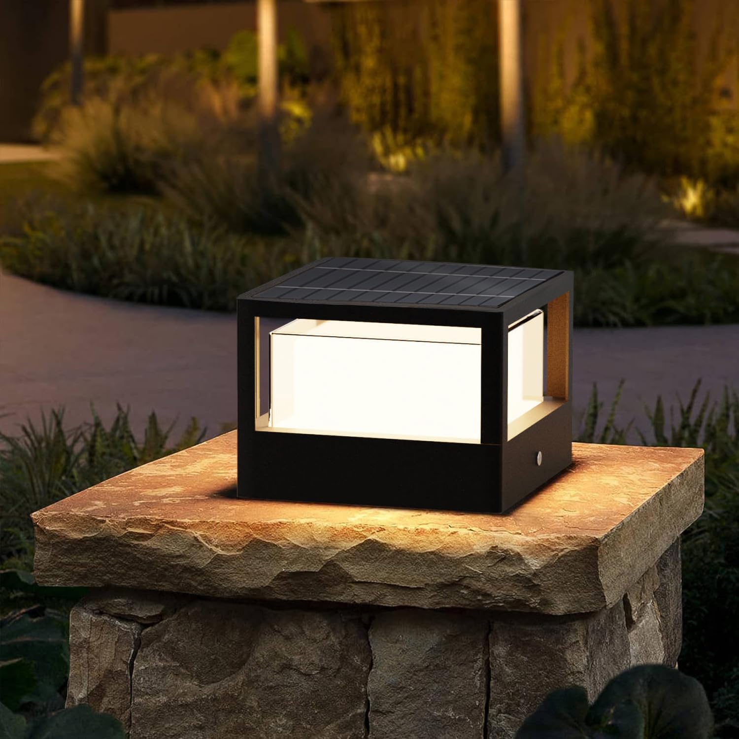 ACMHNC Farola Solar Exterior, LED Luz Solar Exterior jardin, Ip65 Lampara Sobremuro Exteriores de Aluminio, Blanco Cálido, Square, para Jardín Valla Patio, Negro