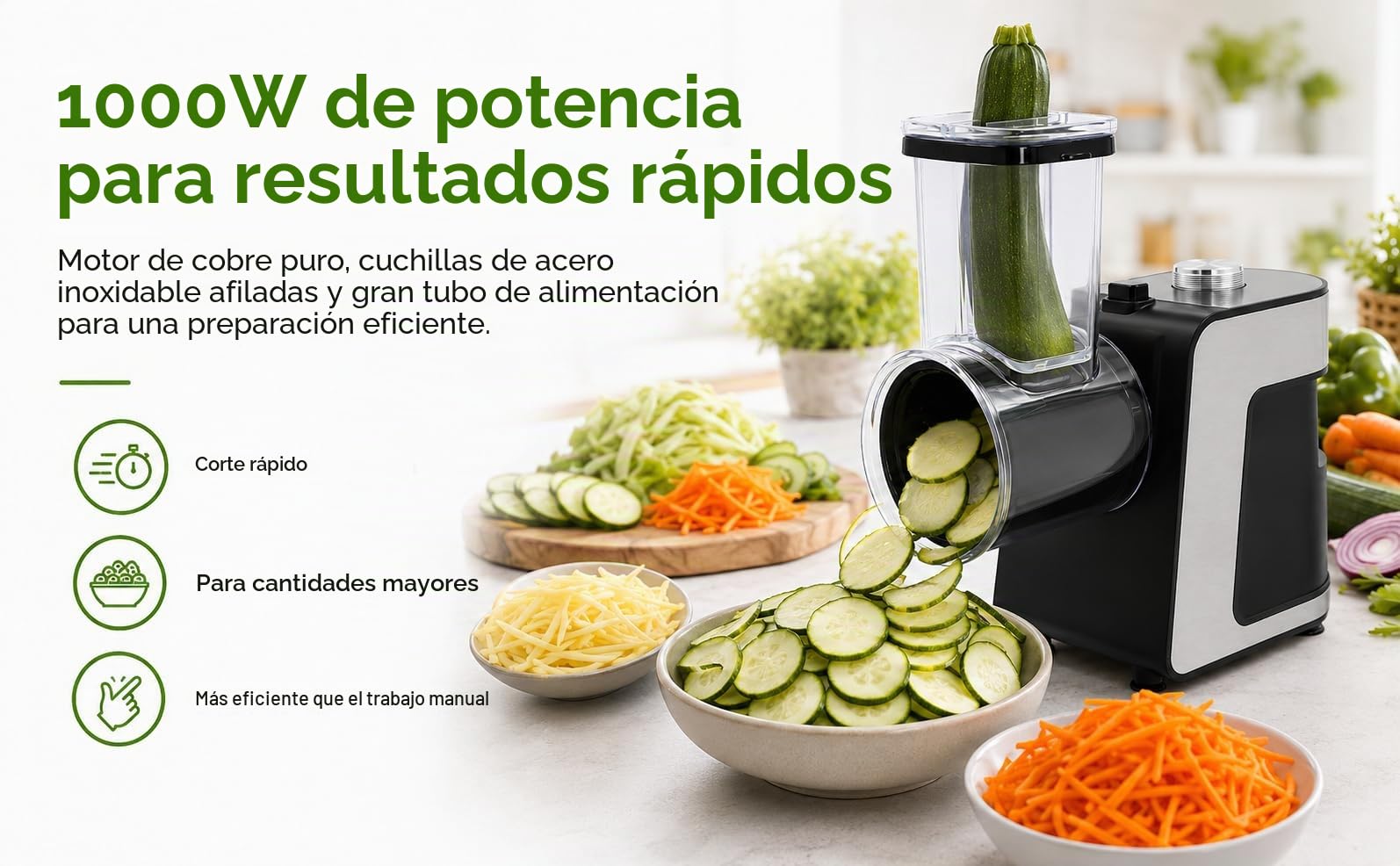 1000 W rallador eléctrico con 10 cuchillas de acero inoxidable, corte de verduras eléctricas para zanahorias, queso, pepino, cebollas (Negro)