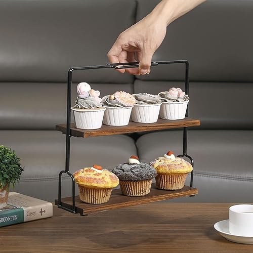 Miniatura 3 de MyGift Soporte rústico de 2 niveles para servir postres para cupcakes, madera marrón quemada y metal negro mate rectangular estante de exhibición de