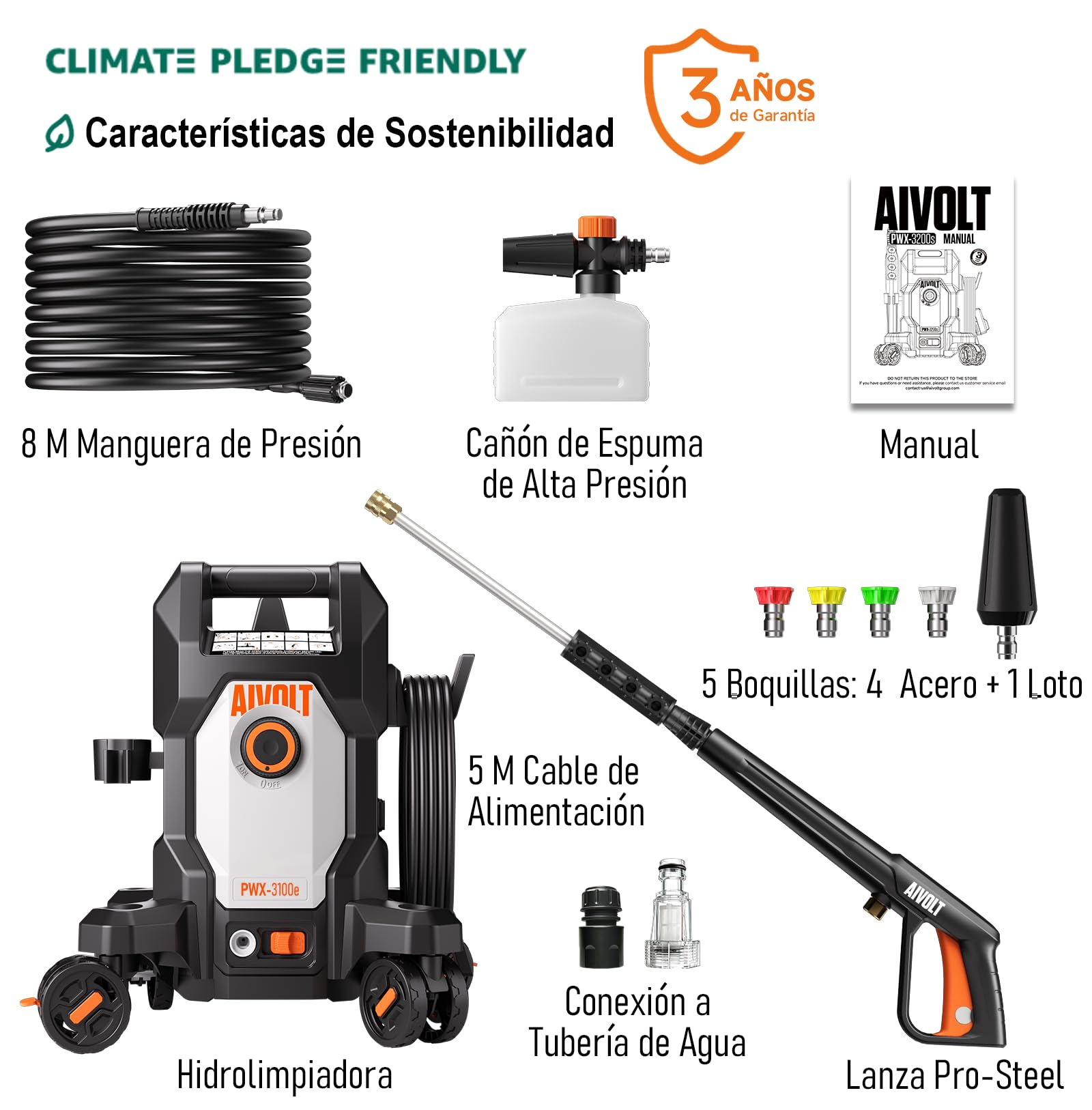AIVOLT Hidrolimpiadora de Alta Presión 1800W, 170 Bares | con 5 Boquillas de Modos Diferentes y Manguera de 7,6 Metros, Caudal Máx 360 L/H, para Hogar, Suelo, Cristales y Coche ect.