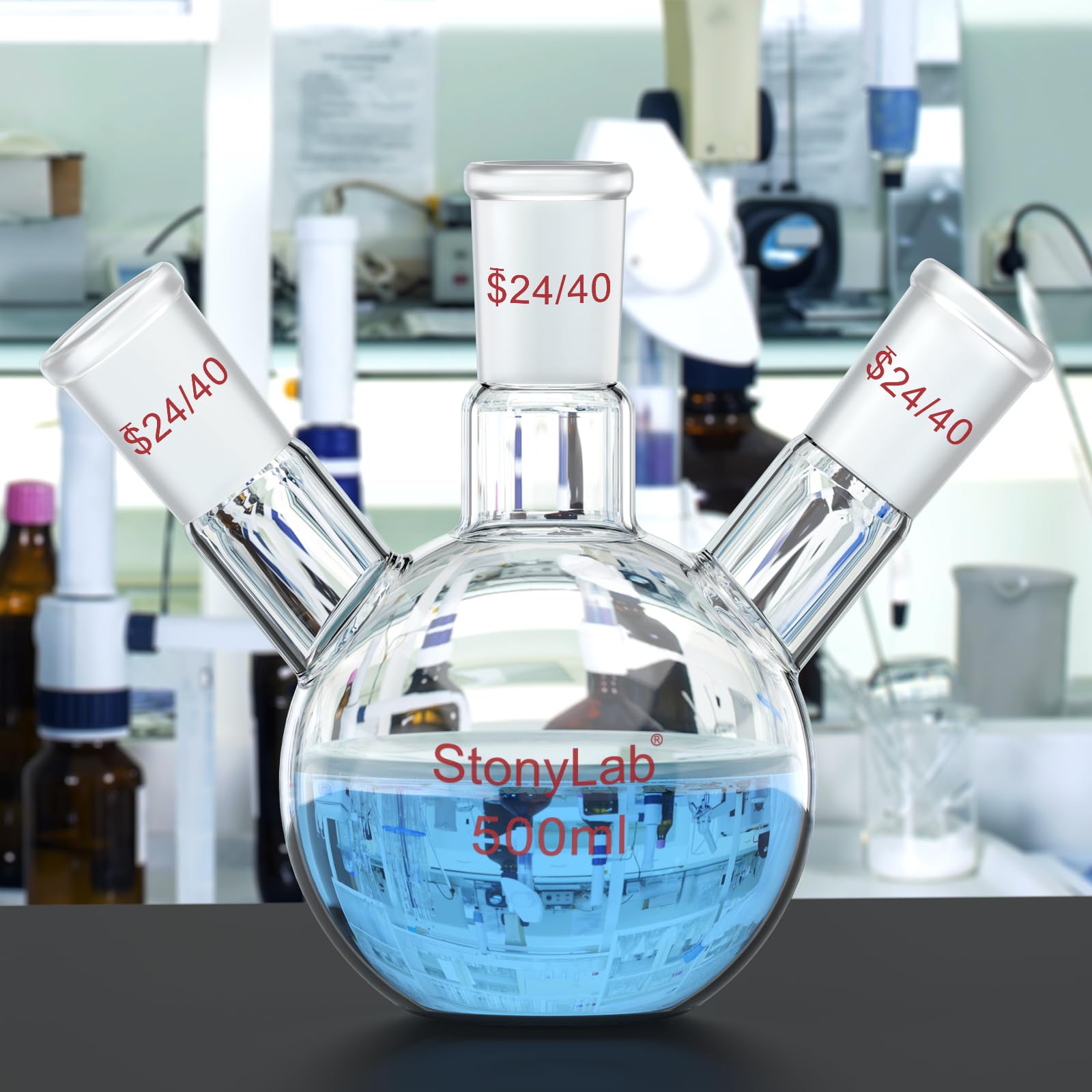 stonylab Fiole à Fond Plat à 3 Cols, Verre Borosilicate, Joint Standard 24/40, Fiole de Réaction de Laboratoire de Chimie, Capacité 500 ml