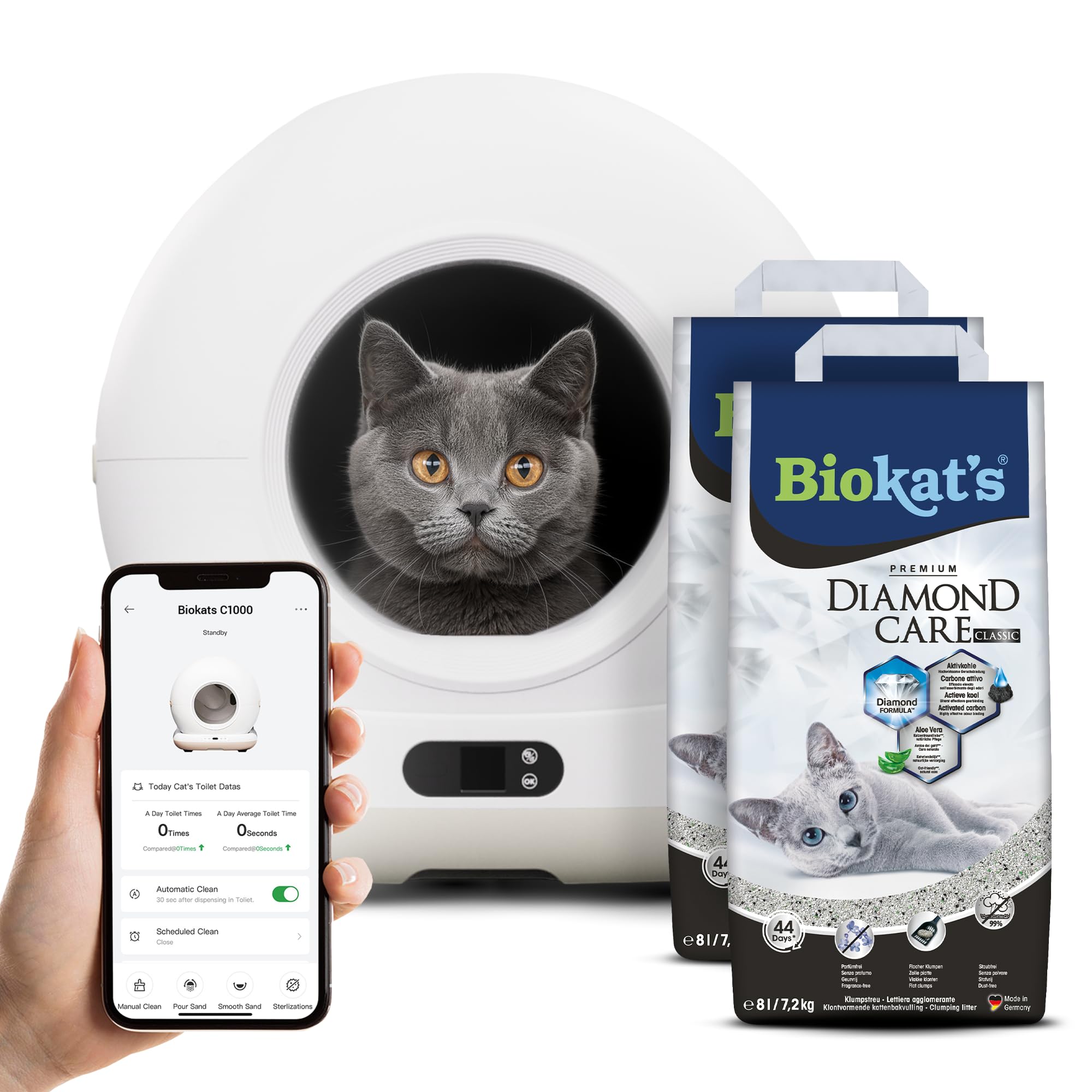 Biokat’s C1000 - Automatisches Katzenklo – Selbstreinigende Katzentoilette mit App – Inkl. Katzenklo-Matte & 3 Rollen Müllbeutel – 82 L XXL