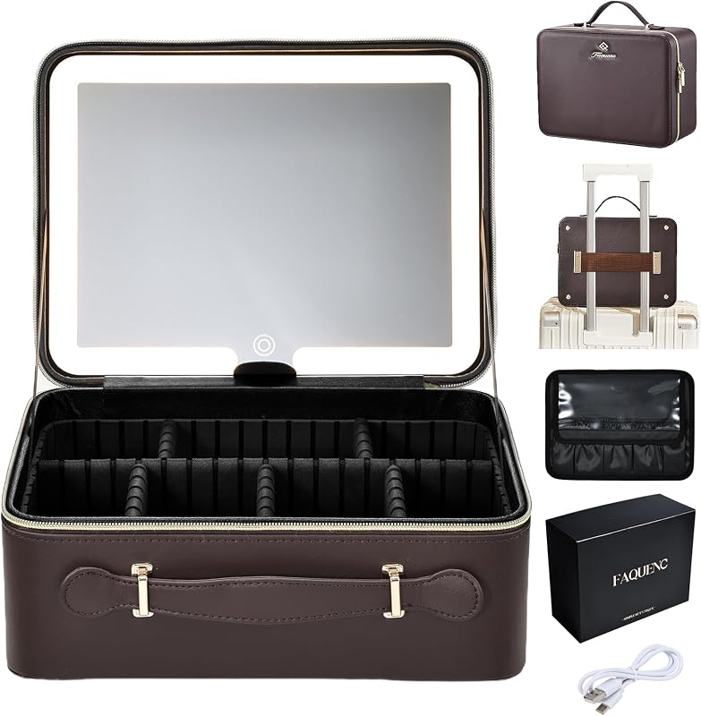 Maleta de maquiagem Faquenc em couro sintético com espelho iluminado LED, 20,07 cm, divisórias ajustáveis, porta-pincéis e cabo USB-C, marrom-escuro WD-Dark Brown 11.4 Inch