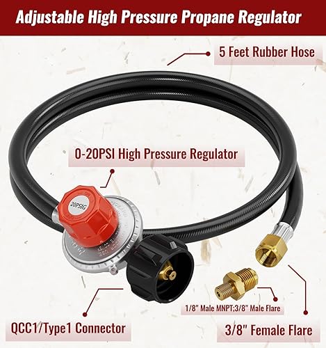 Miniatura 3 de CALPOSE Manguera reguladora de propano de alta presión de 5 pies, regulador de tanque de propano ajustable de 0  20 PSI, QCC1 y hembra de 38