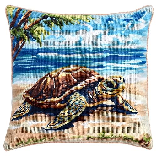 Wallustrioaw Latch Hook Kits Latch Hook Cushion Kits Animal Turtle On The Beach,Diy Latch Hook Kits Pillow Printed Cushion Embroidery Needlework Craft Embroidery Kit,17X17inch