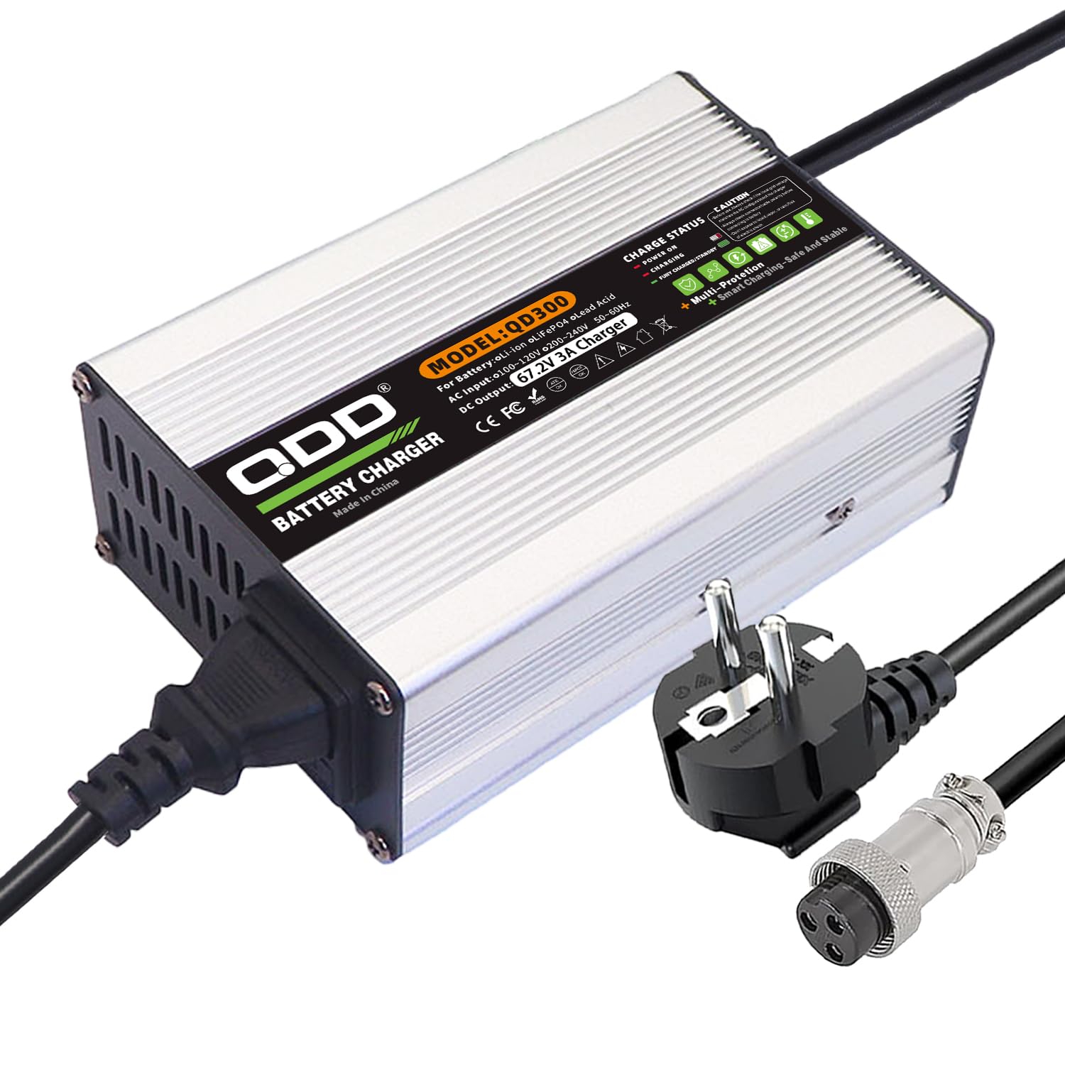 QDD 67,2 V 3 A Caricatore 60 V Batteria Li-ion Smart Caricabatterie Argento Alluminio Utilizzato per 16S 60 V Batteria Li-ion Uscita DC-GX16 1 + 3 Spina