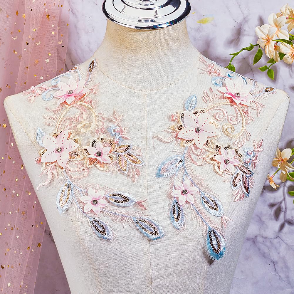 2 Appliques Broderie Florale 3D Avec Strass Et Perles - Rose - Pour Robe De Mariée, Couture, Décoration - Environ 30 Cm - 4