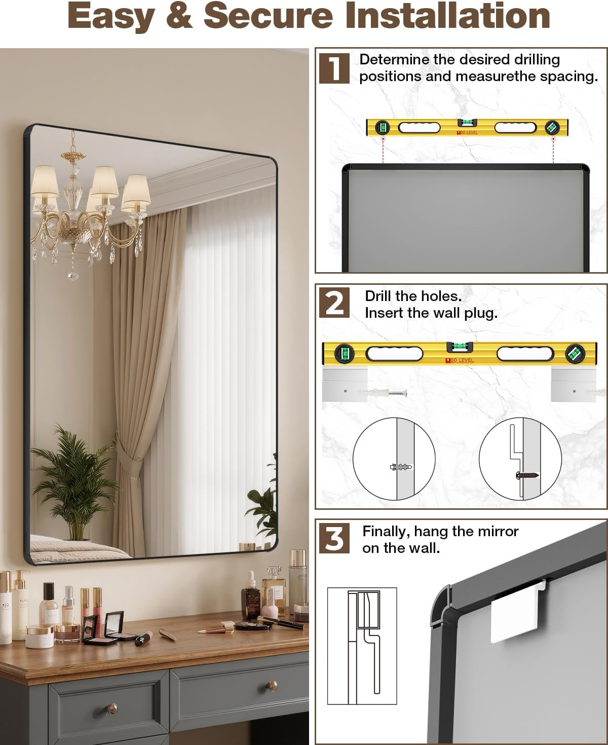 MZON 30x36 Inch Black Mirror Bathroom Vanity Mirror for Wall, Modern Wall Mounted Anti-Rust Mirror for Farmhouse, Restroom, Entryway, Horizontal or Vertical Hanging