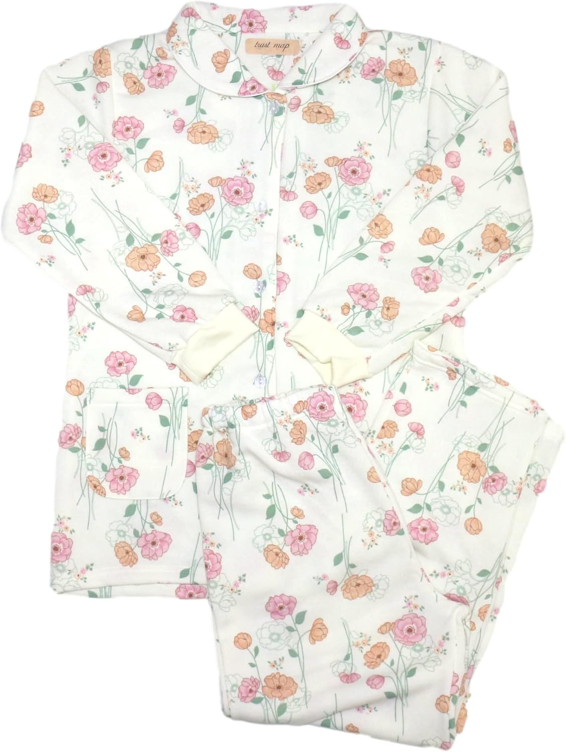 セール 特集 Trust Map シニアに優しいパジャマ レディース ふんわり裏起毛 婦人 白ベース 手首リブ仕様 ピンク M 襟付き とっても柔らか あったかい