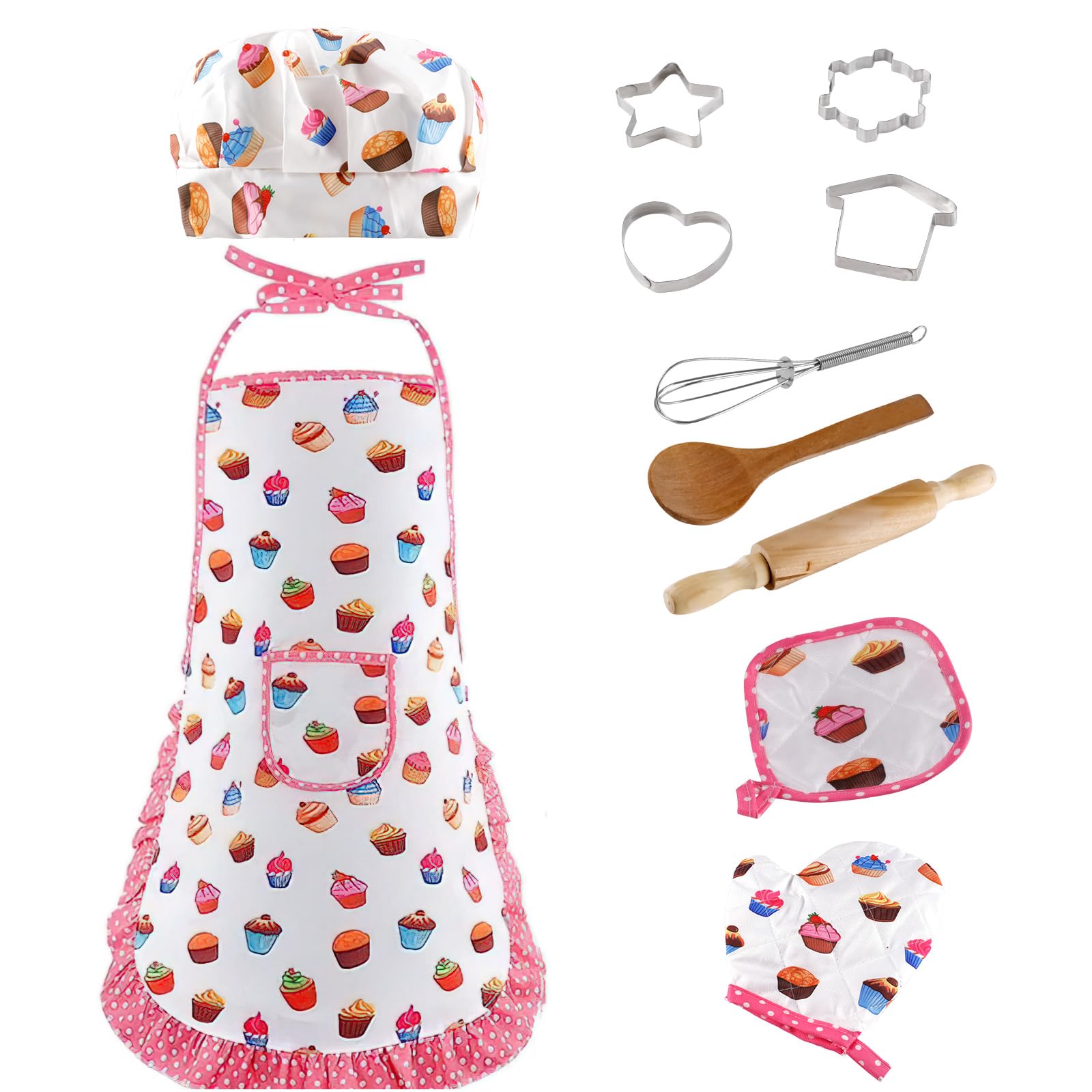 Kids Baking and Cooking Set, 11pcs Aprons for Children, Chef Hat and Costume Role Play Kitchen Gifts for 3-10 Year Old Girls