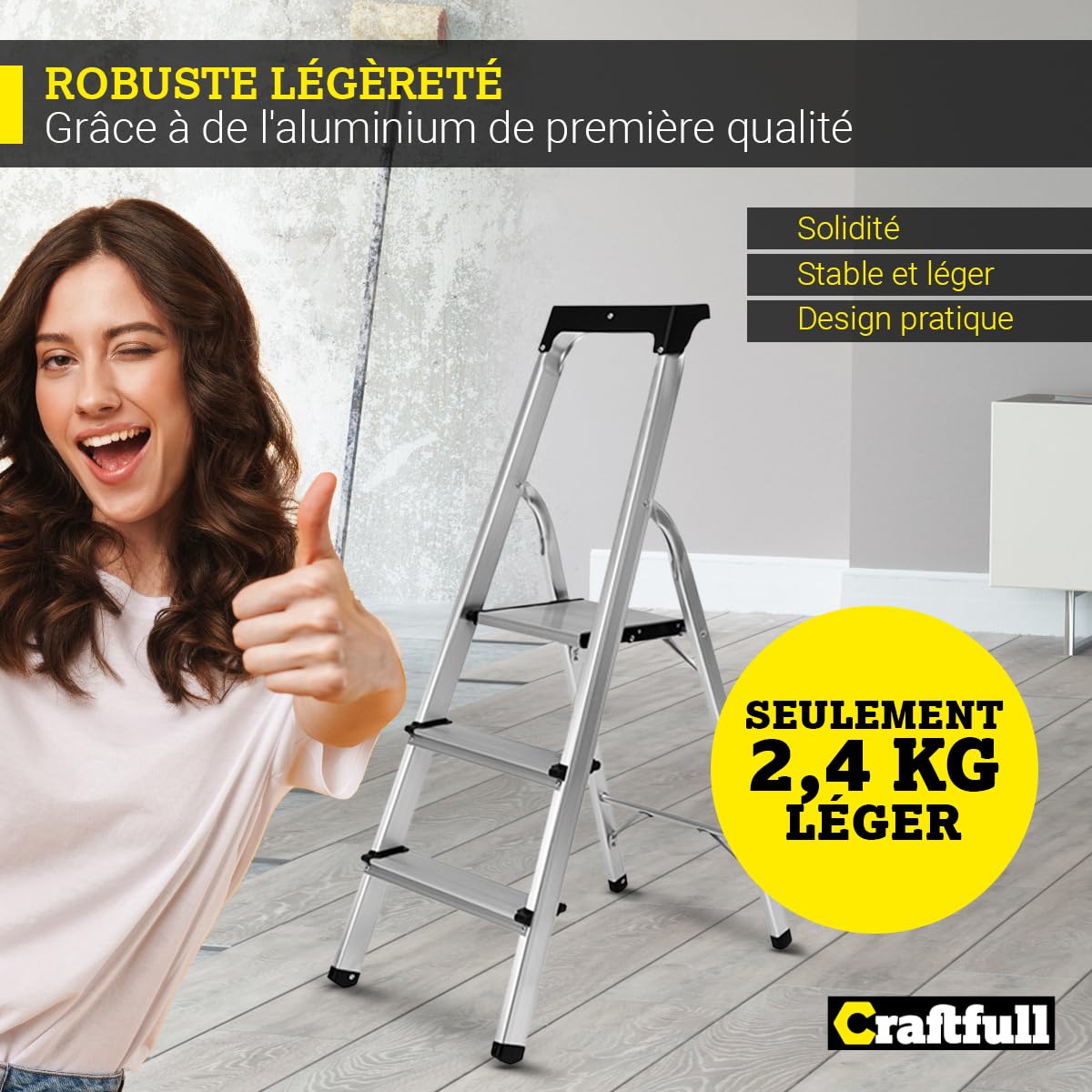 𝐂𝐑𝐀𝐅𝐓𝐅𝐔𝐋𝐋 Échelle en Aluminium CF-133B | 3-6 marches - Pliable - Jusqu’à 150 kg - Échelle ménagère avec Espace de Rangement - Échelle - Escabeau