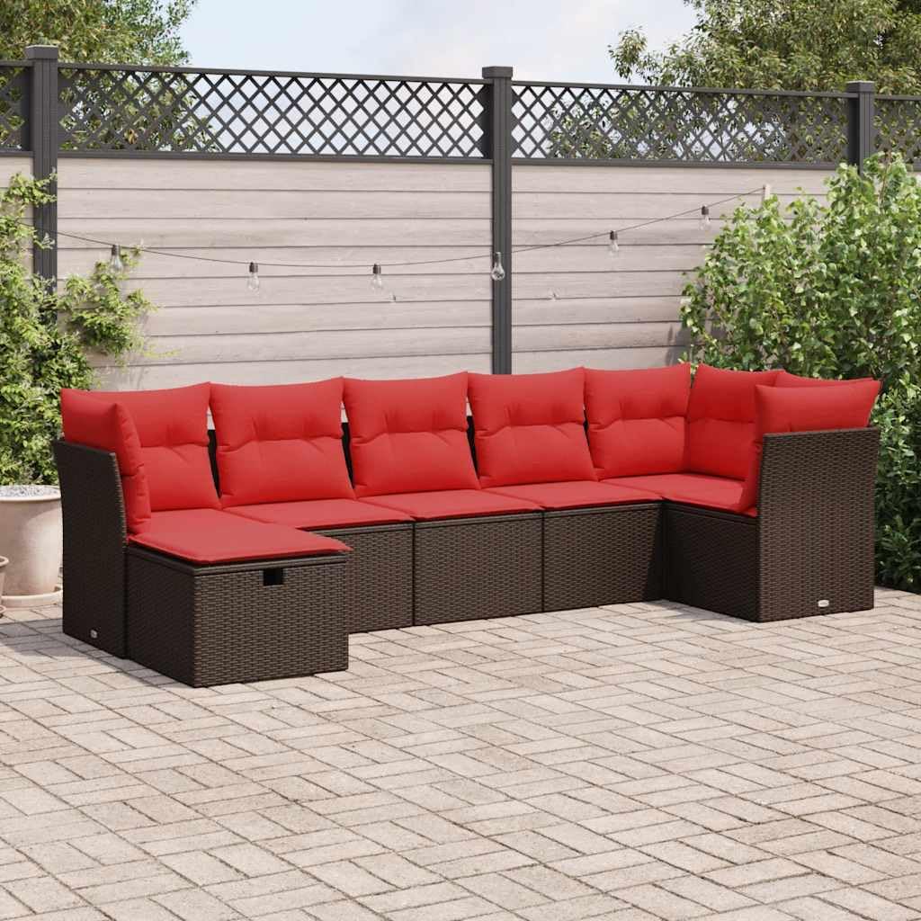 Set di divano da giardino in polyrattan marrone con vano portaoggetti, sacchetti impermeabili e cuscini rossi 100% poliestere, portata 110 kg, piedini regolabili, balcone, terrazza