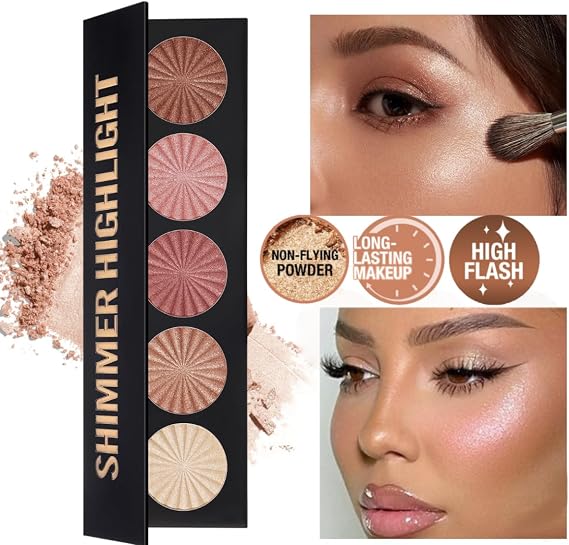 Face Highlighter palette, 5 colors Highlighter Contour makeup champagne golden bronzer pink Highlighter Pearl Shimmer Glitter high-gloss Highlighter powder eye shadow palette