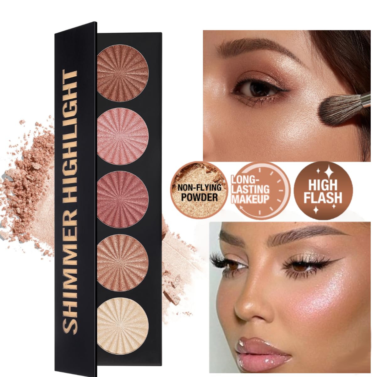 Paleta rozświetlaczy do twarzy, 5 kolorów, kolor szampański, złoty bronzer różowy, masa perłowa, połyskujące cienie do powiek
