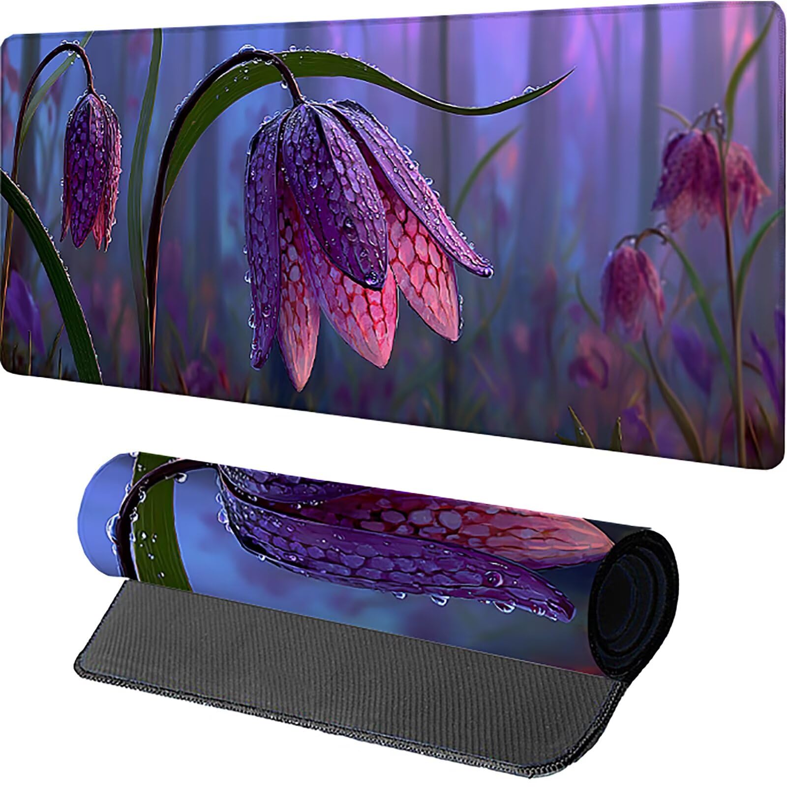 Podkładka pod mysz do gier Flower 1600x800x3mm, fioletowa podkładka pod mysz XXL, podkładka pod mysz do biura z gumową podstawą, akcesoria biurowe, mysz ze szwami na krawędziach, do pracy gracza 7