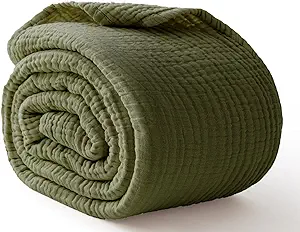 100% Cotton Muslin Blanket Large 50" x 70", Breathable and Lightweight Cotton Throw Blankets for Bed and Couch, Soft Cooling Summer Gauze Blanket for Adults All Season, Olive Green