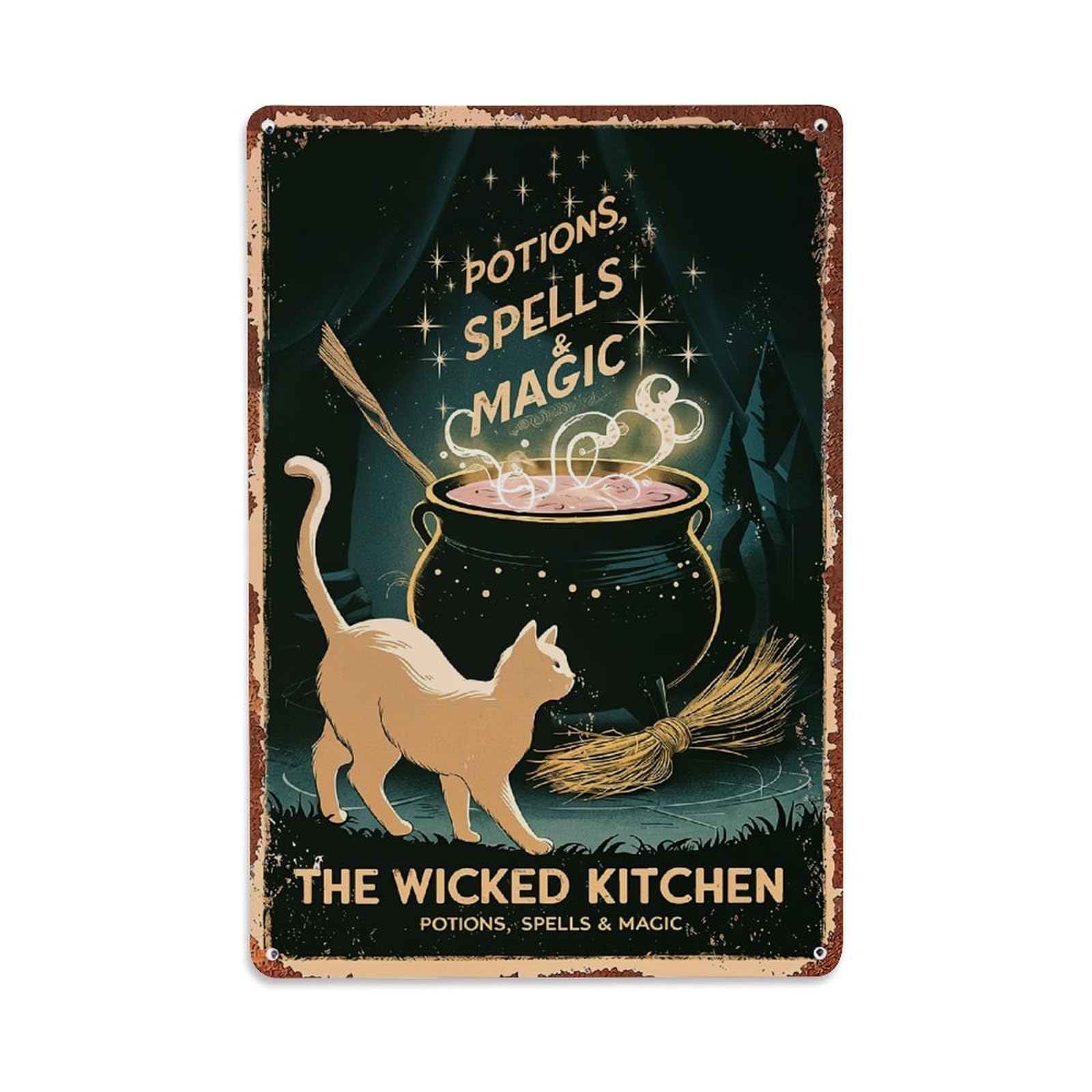 Jdfenggu Vintage Potions Spells Magic Cat Cauldron Retro Metal Tin Sign, Decor Art Poster For Bar, Home, Man Cave, Kitchen, Laundry Room Gift 8X12inch