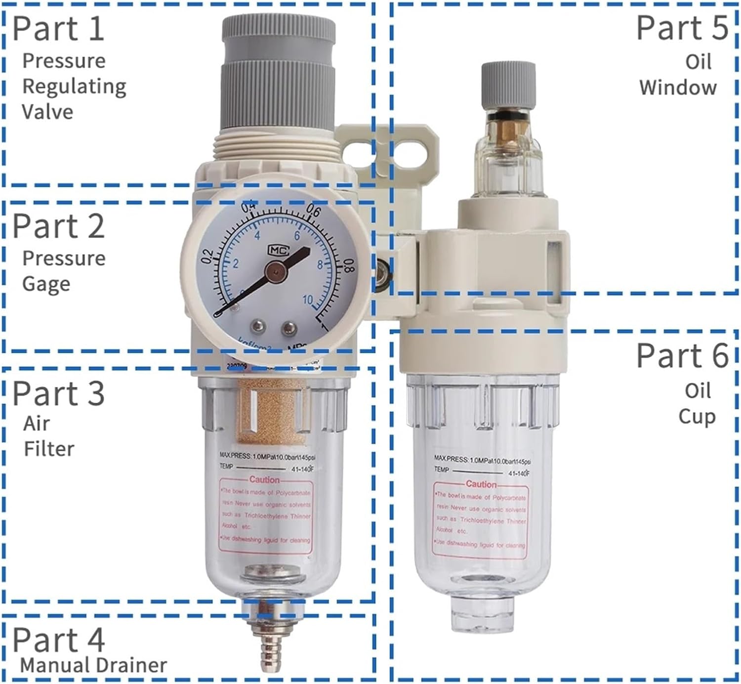 1pcs AFC2000 Compressed Air Compressor Water Filter Drain Air Gas Component Processor Treadment Pneumatic Tool Tools G1/4(AFC2000-2xPC10-G02)