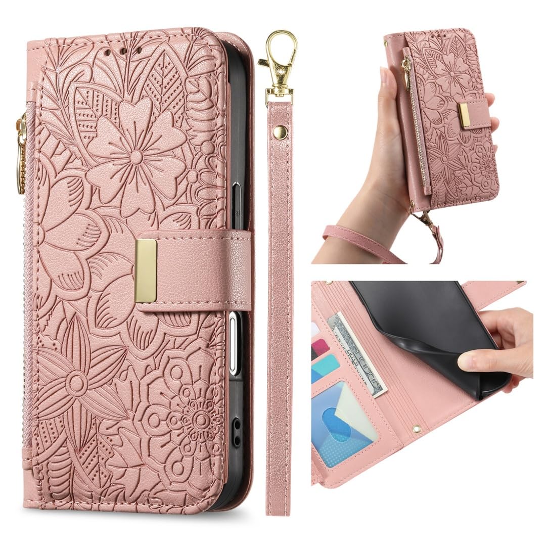 HOJODDO Shockproof Case for Blackview Wave 10/Wave 10C, Flower Cover is Premium Leather, Anti-fingerprints Anti-Slip Scratch, External Zipper Pocket. Pink