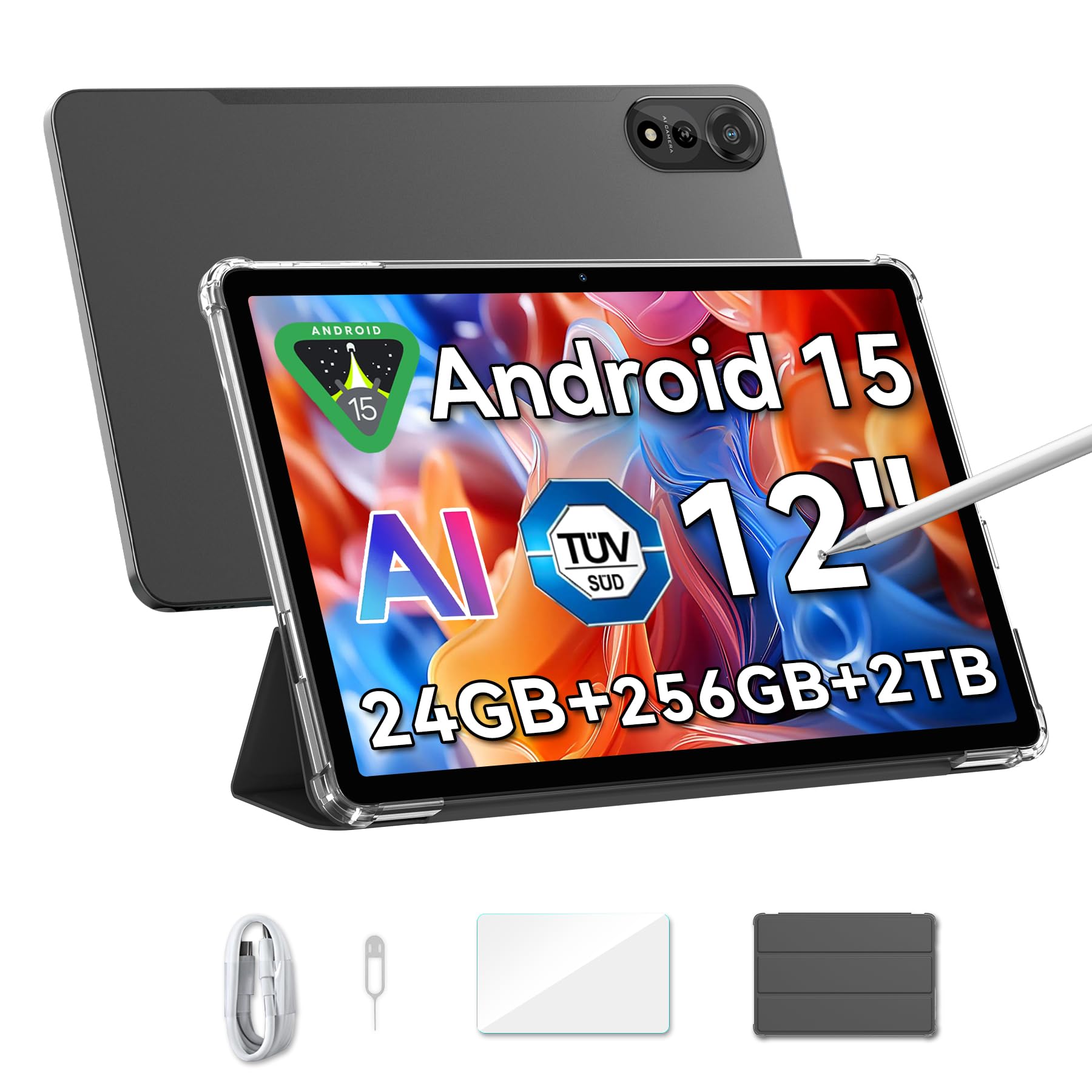 Blackview Mega2 Tablet 12 Pollici Android 15, 24GB RAM+256GB ROM(TF 2TB), 2K FHD IPS Display Gaming Tablet, Dual 4G LTE+5G WiFi,Octa Core T615, 9000 mAh,WideVine L1, Face ID, GPS Con Custodia & Penne