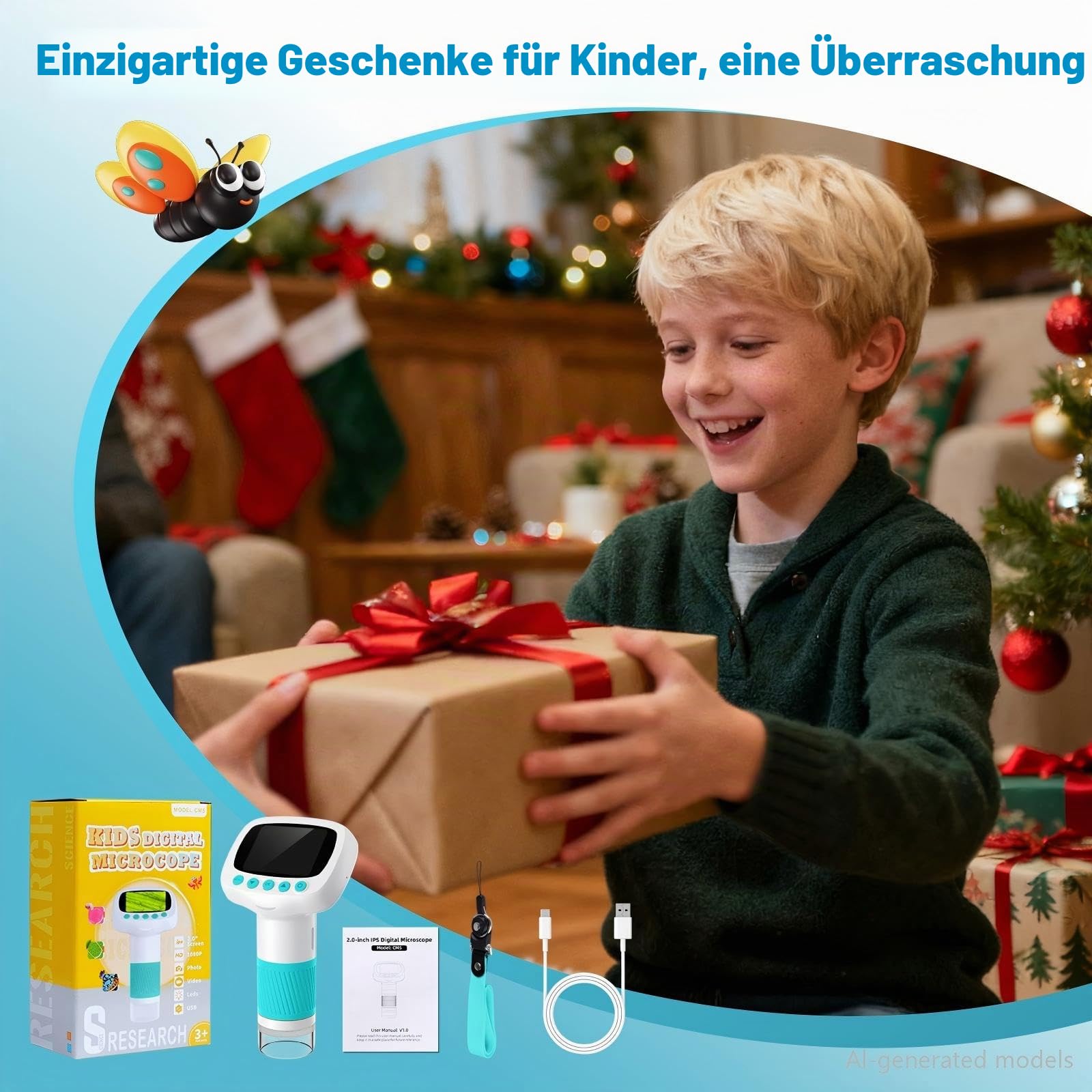 Mikroskop für Kinder ab 3 Jahren, 1000X Tragbares Handmikroskop mit 2'' HD-Bildschirm, Digitales Edubini Taschen Mikroskop, Weihnachten Geburtstag Geschenke für Kinder (Blau)