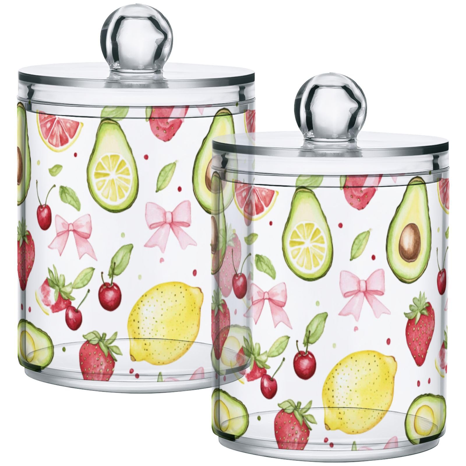 Gredecor 2 Pack Qtip Holder Clear Lemon Pink Bows (4) Apothecary Jars with Lids Acrylic Bathroom Jars Vanity Countertop Canister Storage Organizer for Cotton Ball,Swabs,Pads,Floss