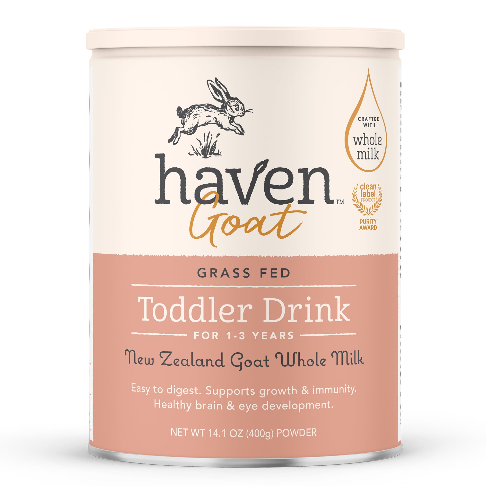 Haven Fórmula de cabra para niños pequeños, leche entera de cabra alimentada con pasto en polvo para niños pequeños con probióticos, prebióticos, luteína y Omega 3 Dha, fórmula de fácil digestión, sin